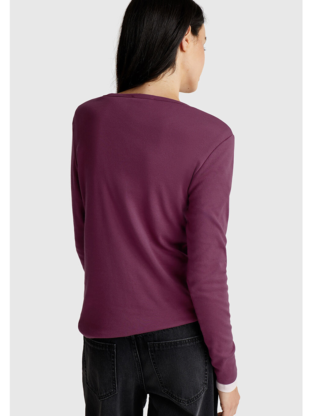 Kadın Mürdüm Basic Bisiklet Yaka Uzun Kollu T-Shirt-2