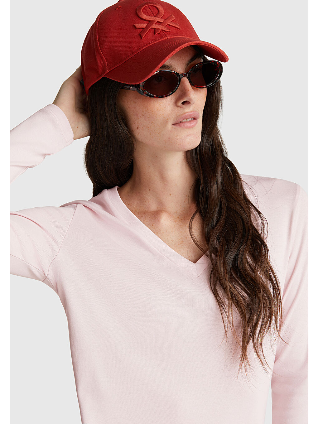 Kadın Açık Pembe Basic V Yaka Uzun Kollu T-Shirt-5