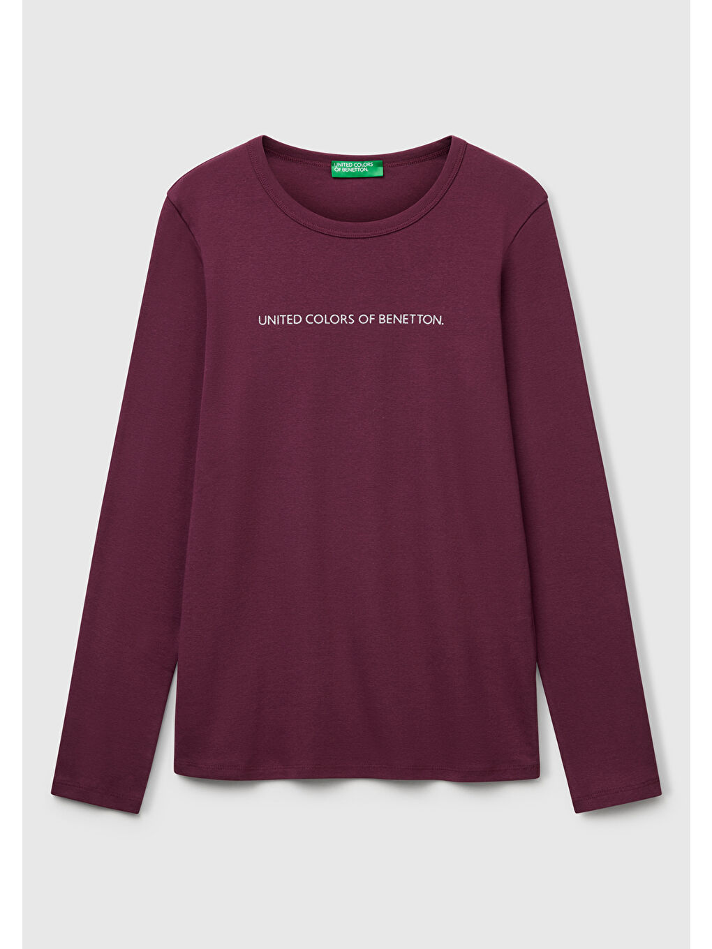 Kadın Mürdüm %100 Pamuk Bisiklet Yaka Benetton Yazılı Uzun Kollu T-Shirt-1