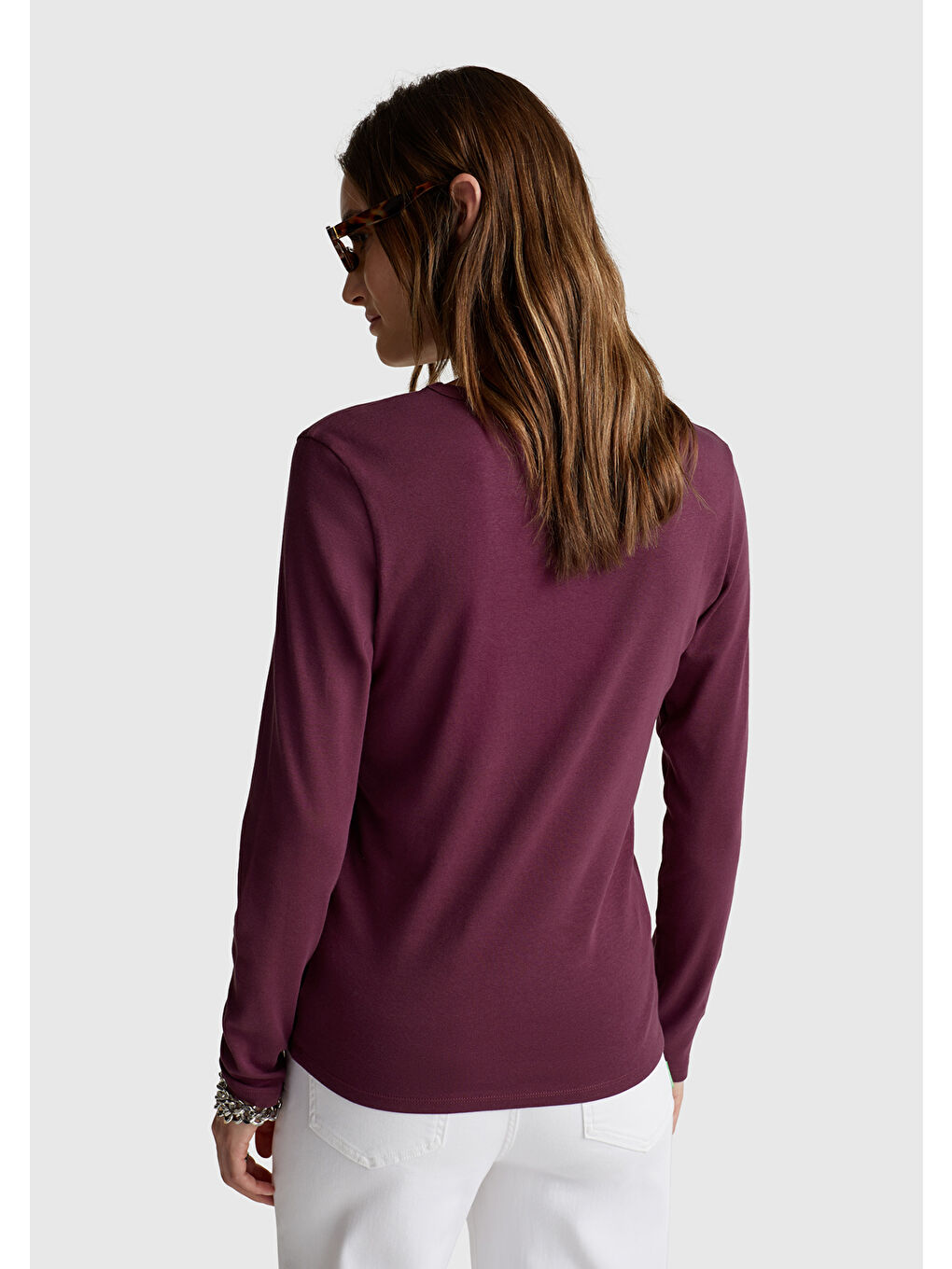 Kadın Mürdüm %100 Pamuk Bisiklet Yaka Benetton Yazılı Uzun Kollu T-Shirt-2