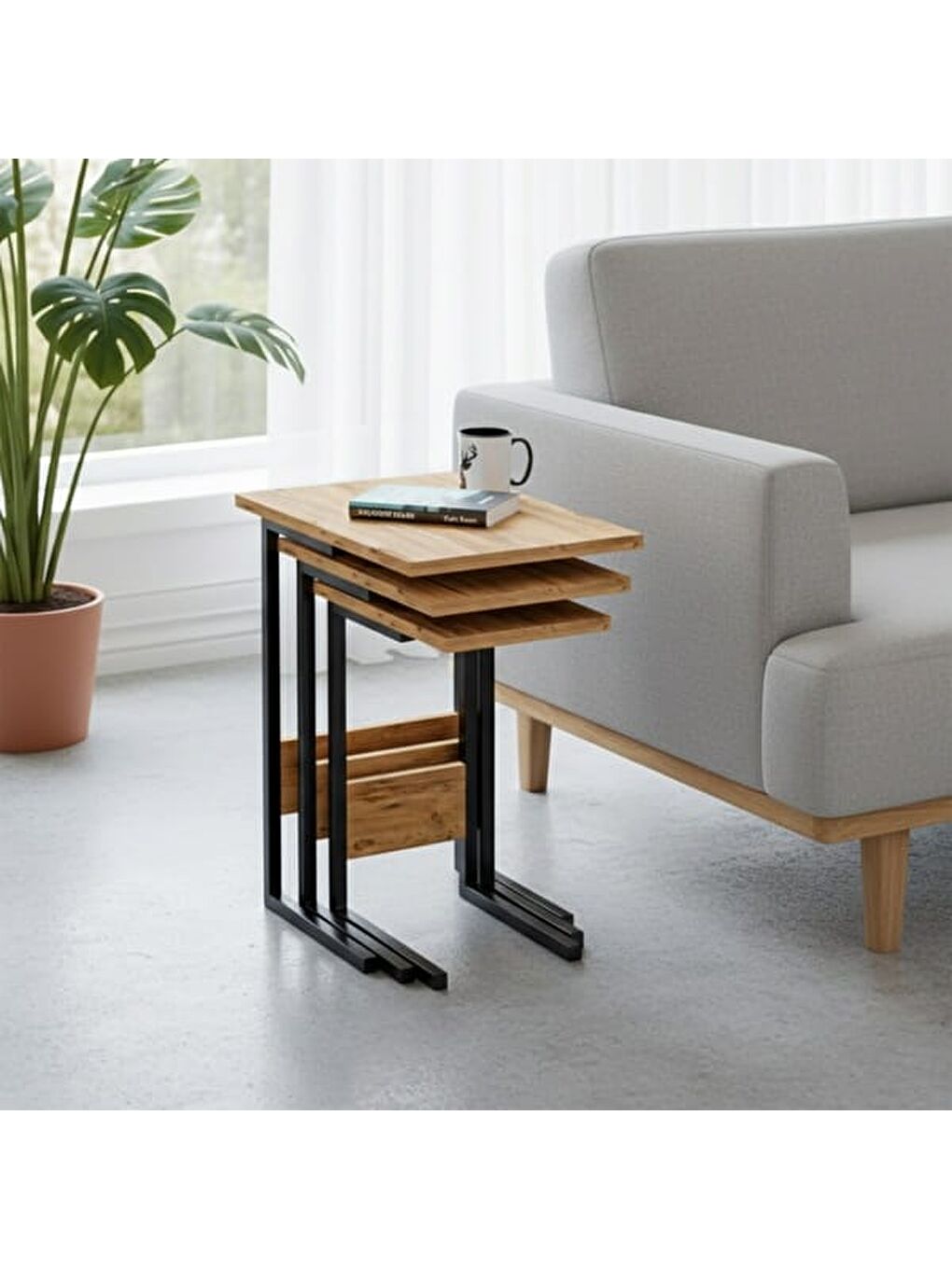 Kahverengi 3'lü Zigon Sehpa - Atlantik Çam-1