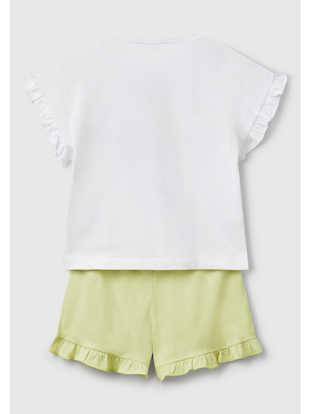 Kız Çocuk Beyaz Baskılı Kolu Fırfırlı T-Shirt ve Ucu Fırfırlı Şort Takım-1