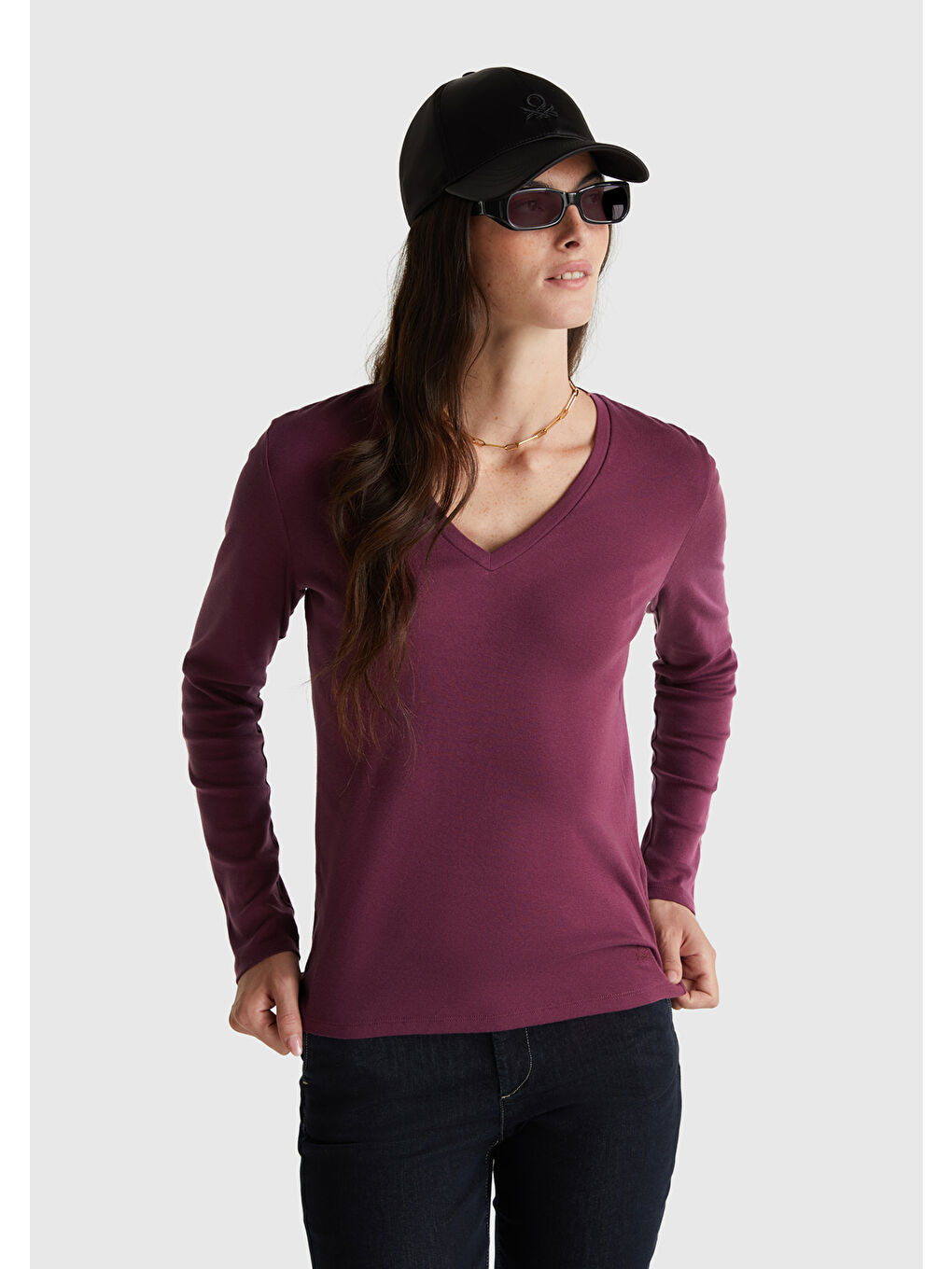 Kadın Mürdüm Basic V Yaka Uzun Kollu T-Shirt