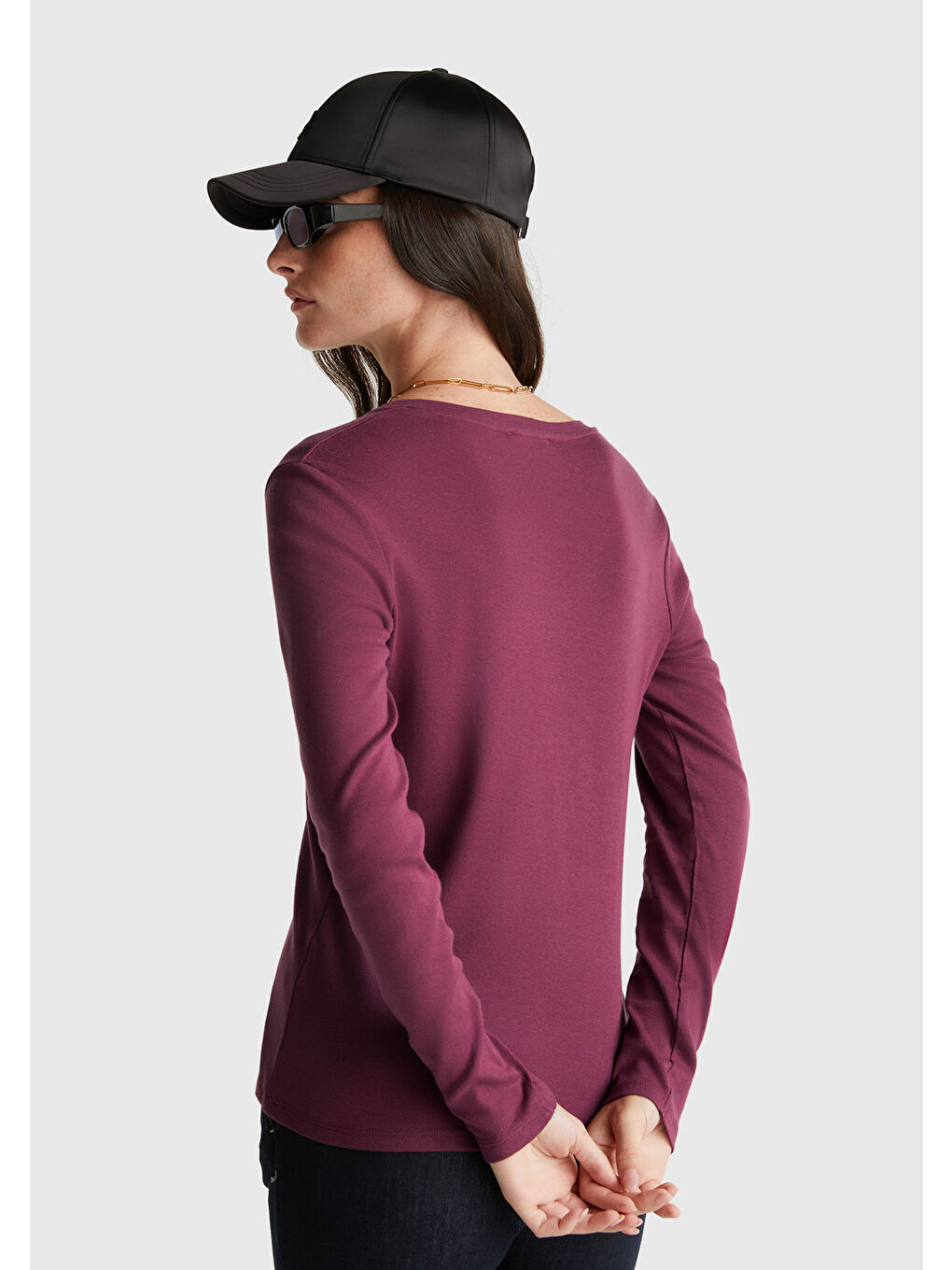 Kadın Mürdüm Basic V Yaka Uzun Kollu T-Shirt-2