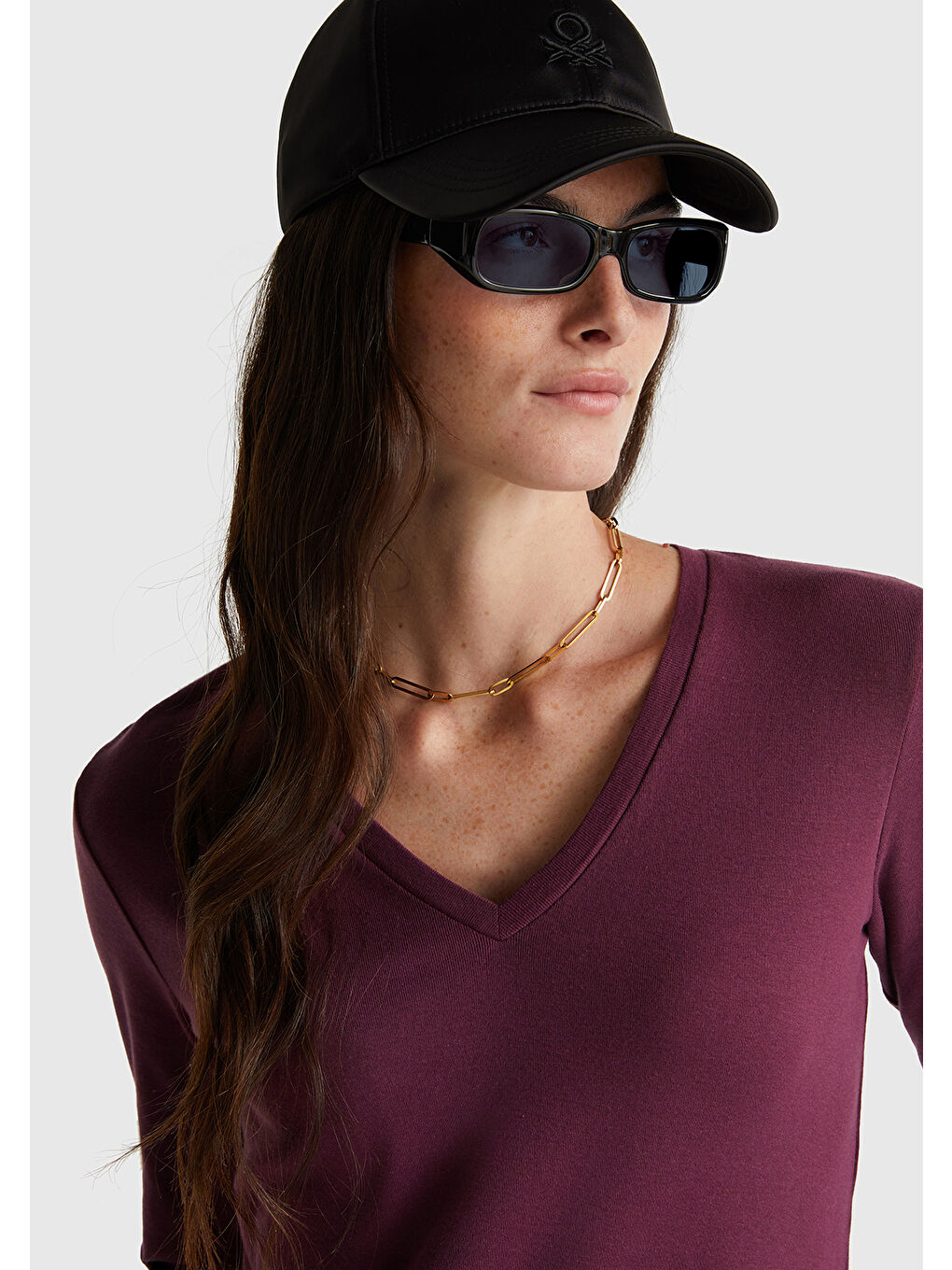 Kadın Mürdüm Basic V Yaka Uzun Kollu T-Shirt-4