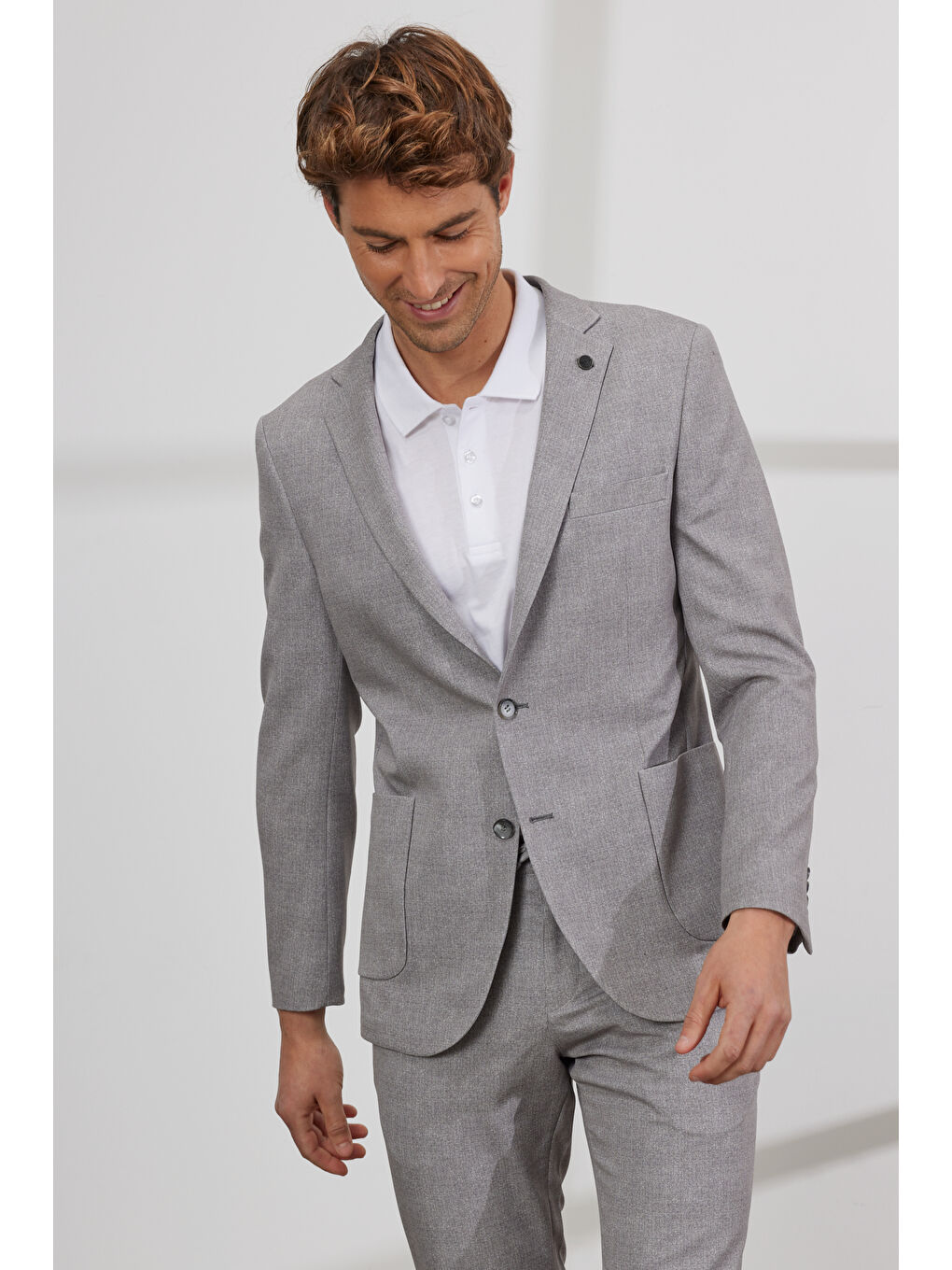 Erkek Gri Slim Fit Dar Kesim Mono Yaka Desenli Takım Elbise