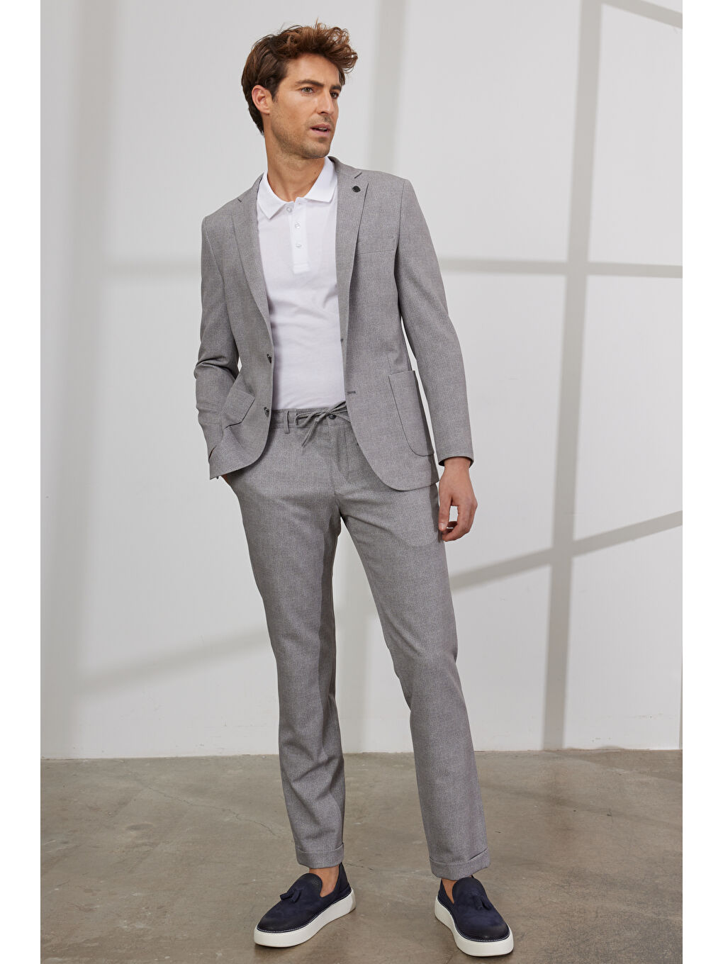 Erkek Gri Slim Fit Dar Kesim Mono Yaka Desenli Takım Elbise-1