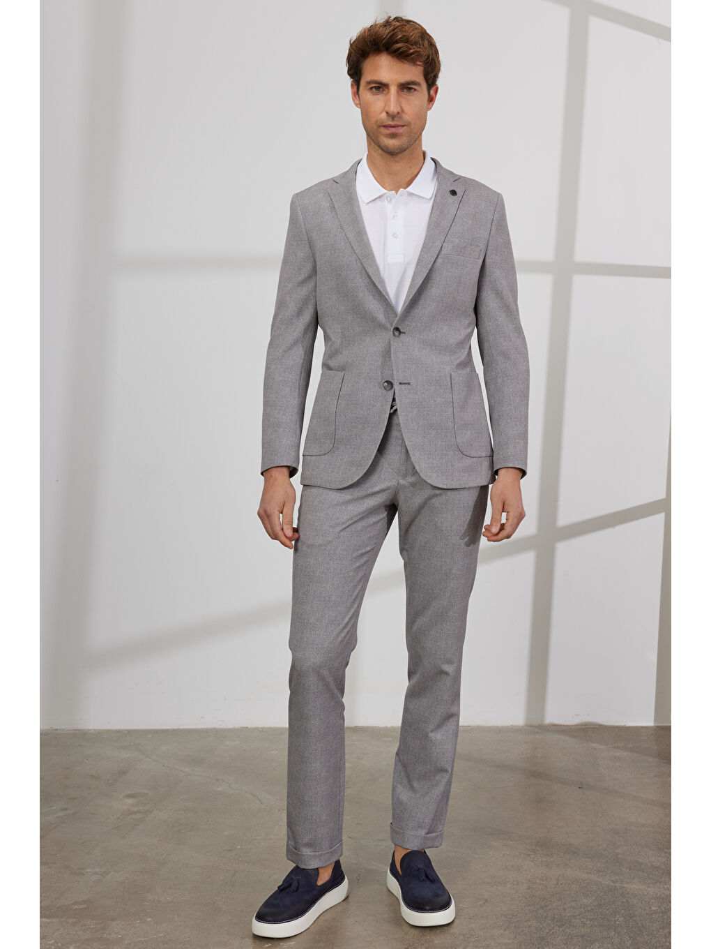 Erkek Gri Slim Fit Dar Kesim Mono Yaka Desenli Takım Elbise-3