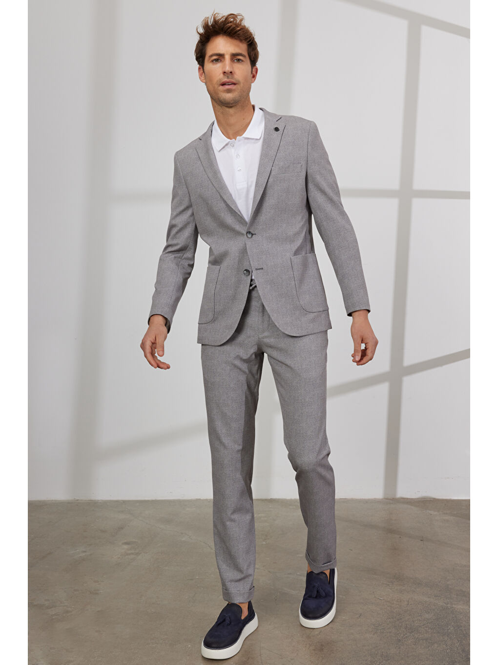 Erkek Gri Slim Fit Dar Kesim Mono Yaka Desenli Takım Elbise-4