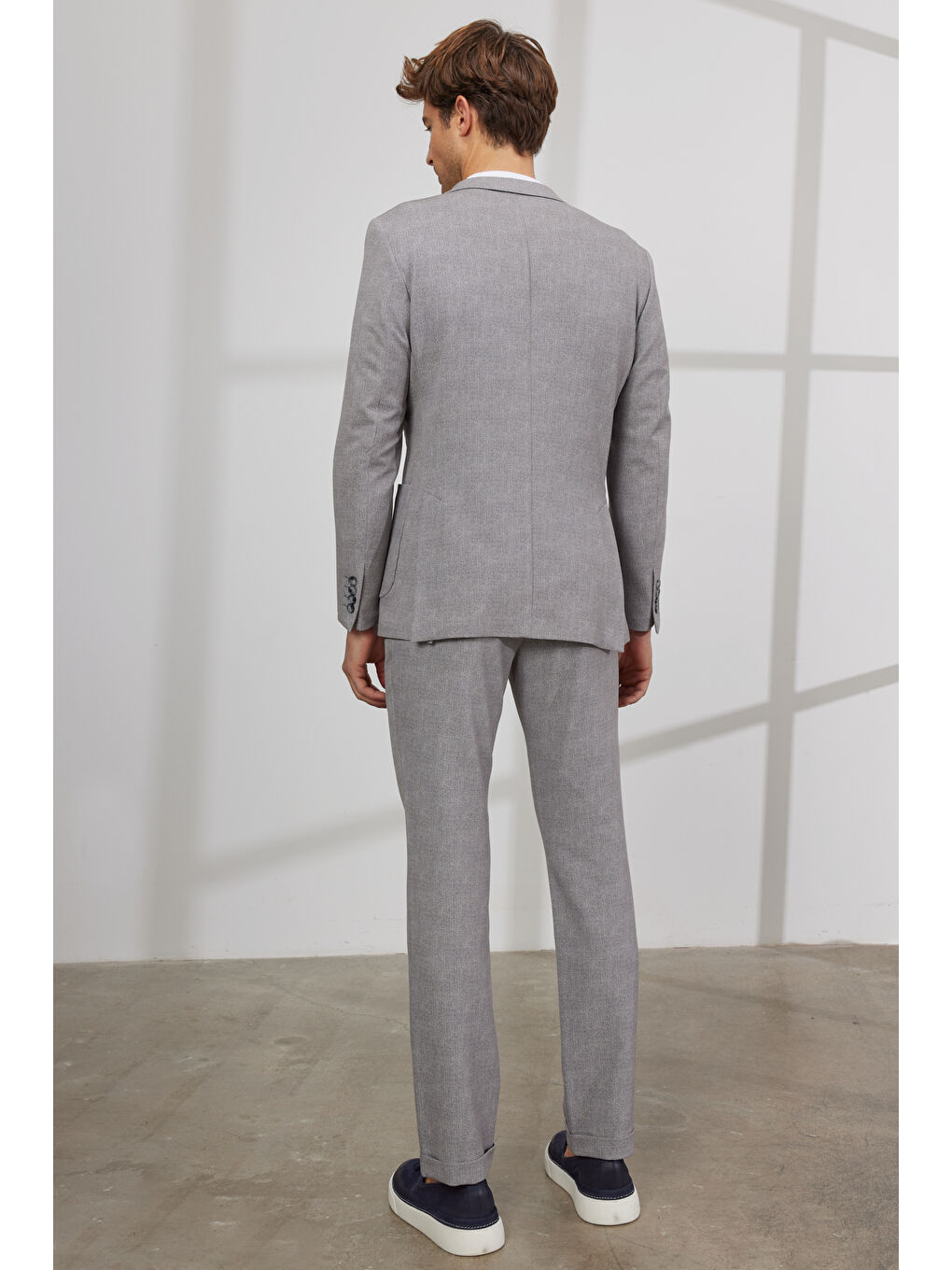 Erkek Gri Slim Fit Dar Kesim Mono Yaka Desenli Takım Elbise-7