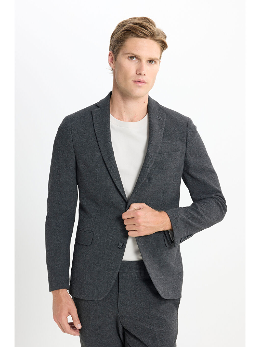 Erkek Antrasit Slim Fit Dar Kesim Mono Yaka Gofre Desenli Kapak Cepli Takım Elbise