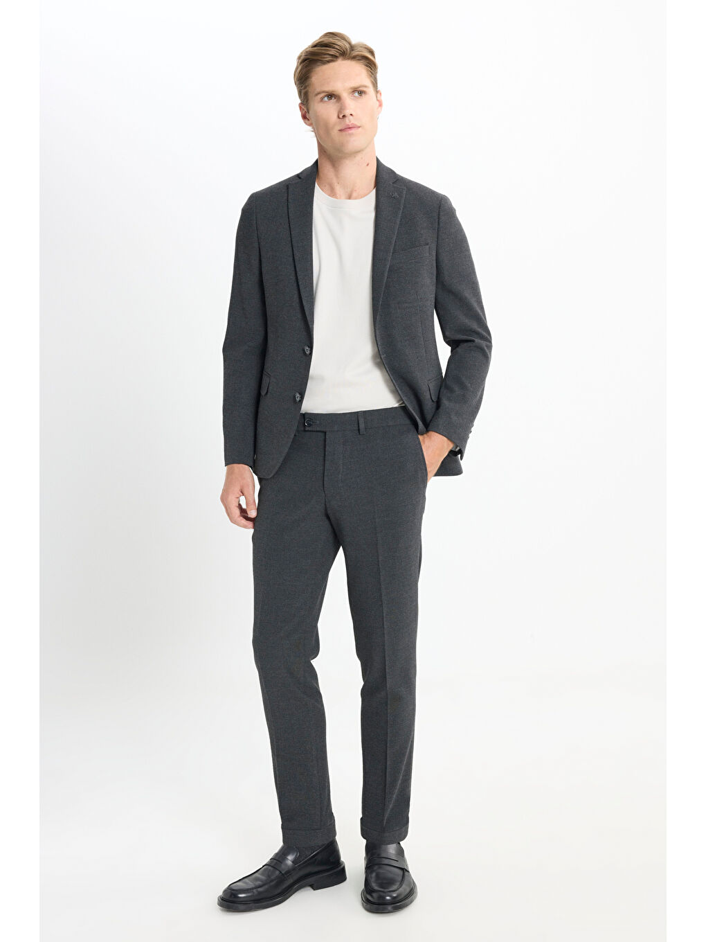 Erkek Antrasit Slim Fit Dar Kesim Mono Yaka Gofre Desenli Kapak Cepli Takım Elbise-1