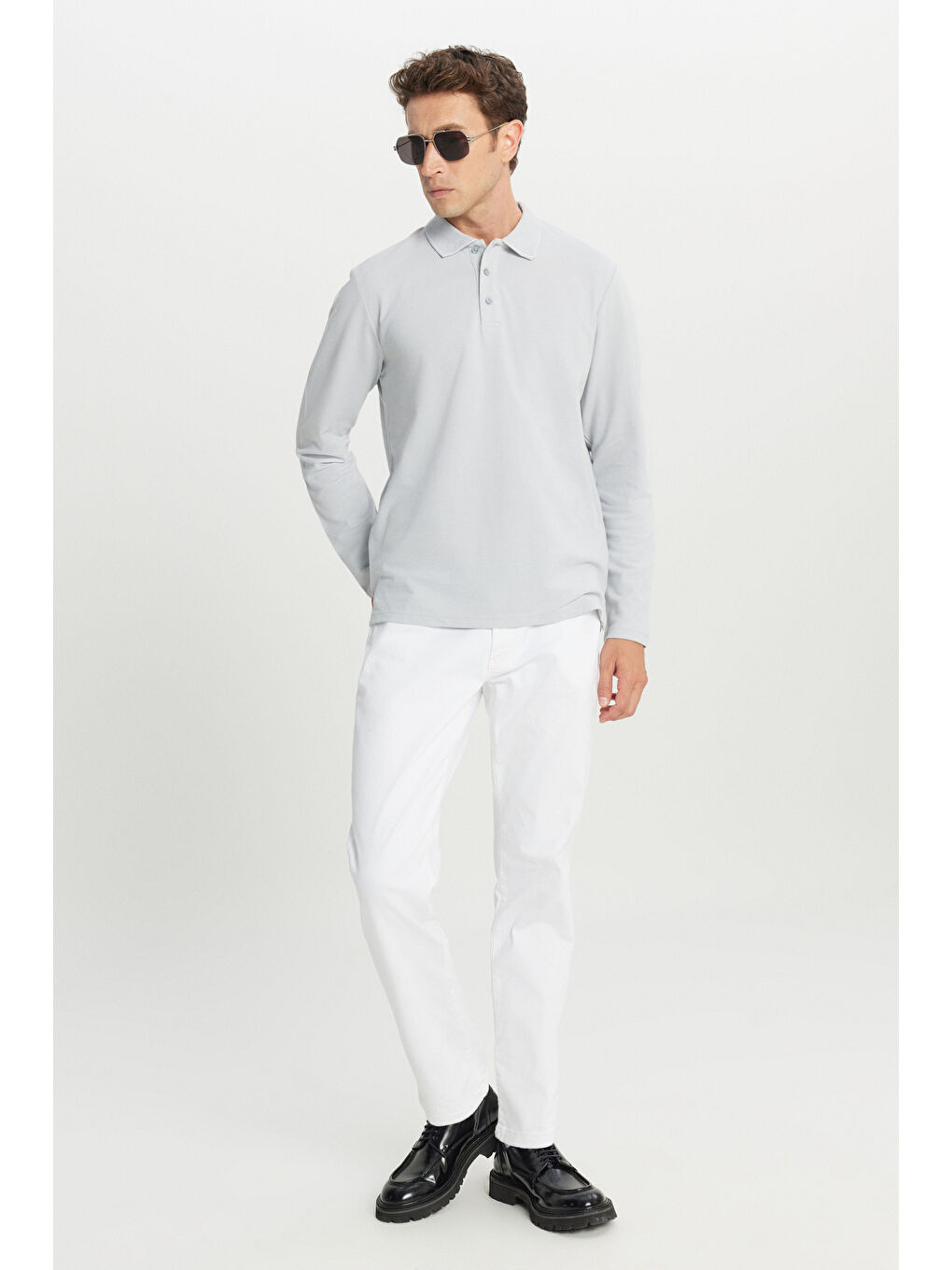 Erkek Gri %100 Pamuk Standart Fit Normal Kesim Polo Yaka Sweatshirt-1