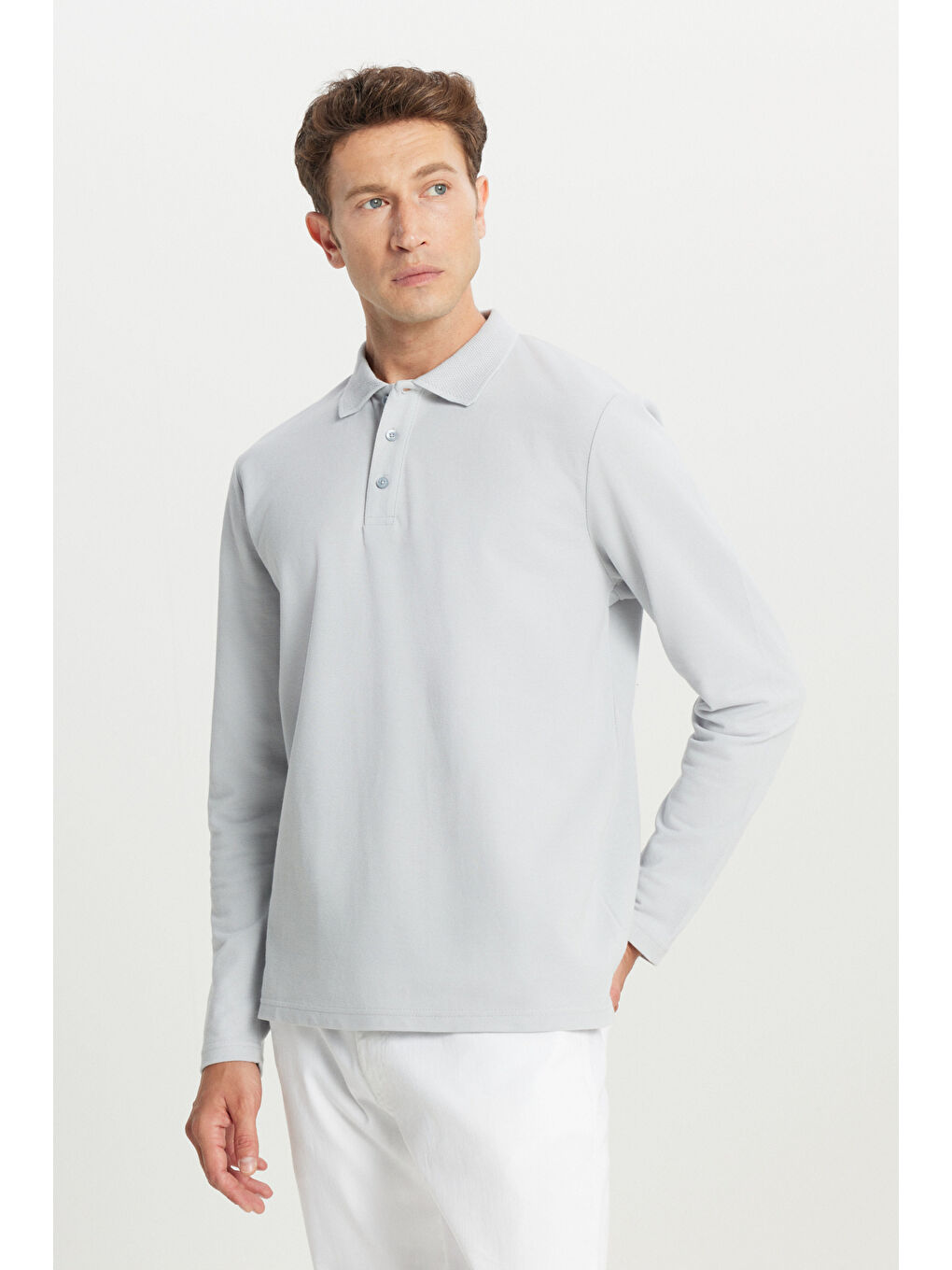 Erkek Gri %100 Pamuk Standart Fit Normal Kesim Polo Yaka Sweatshirt-2