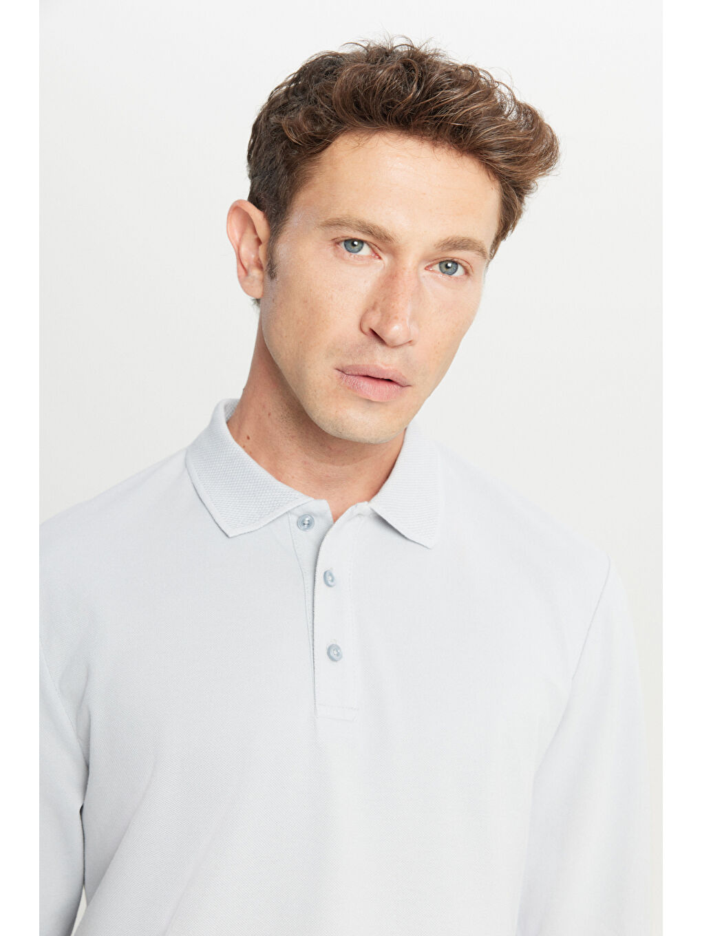 Erkek Gri %100 Pamuk Standart Fit Normal Kesim Polo Yaka Sweatshirt-3