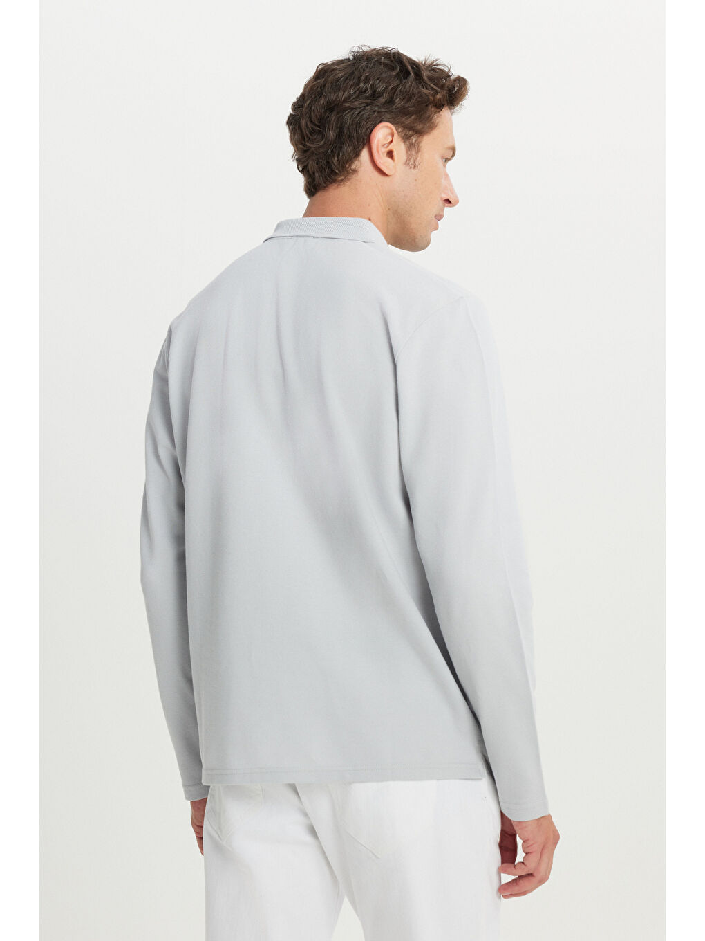 Erkek Gri %100 Pamuk Standart Fit Normal Kesim Polo Yaka Sweatshirt-4