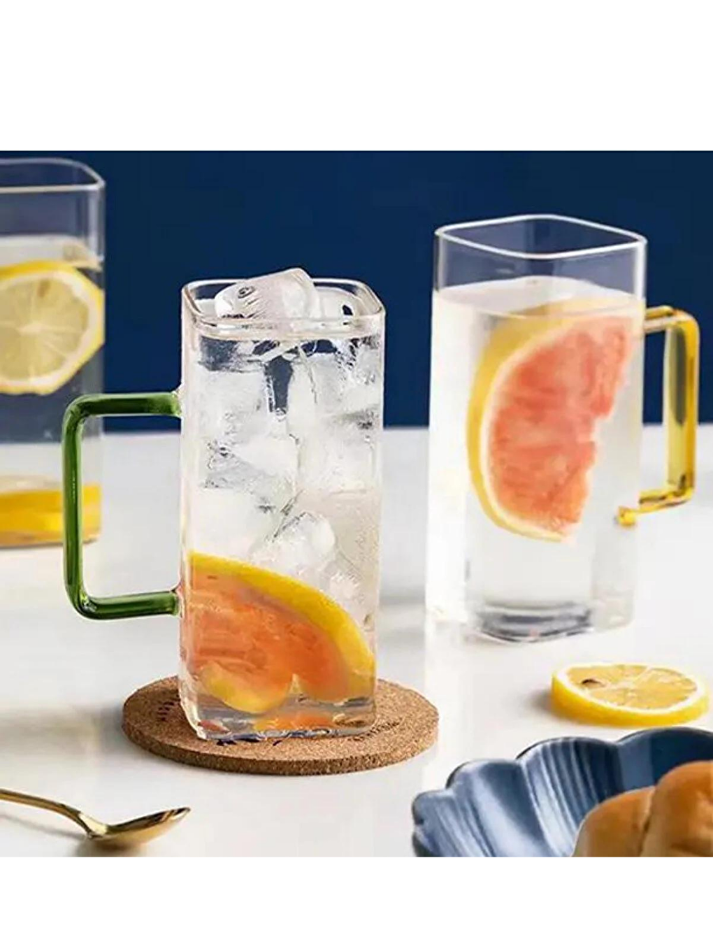 Kare Cam Yeşil Kulplu Meşrubat Bardağı 350 ml 3 Adet-6