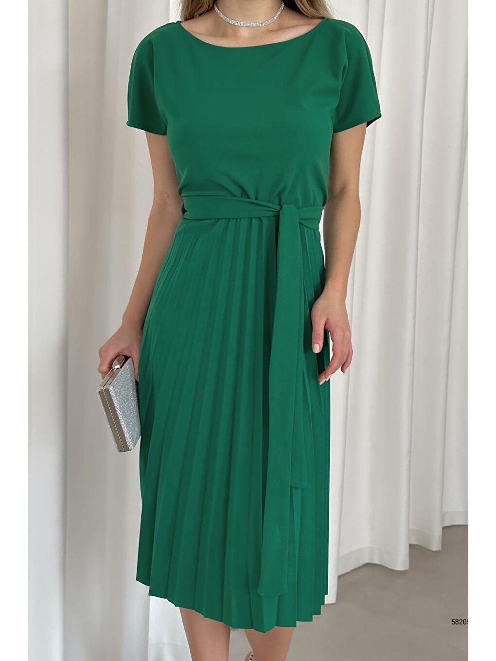 Yeşil Krep Kumaş Pliseli Elbise