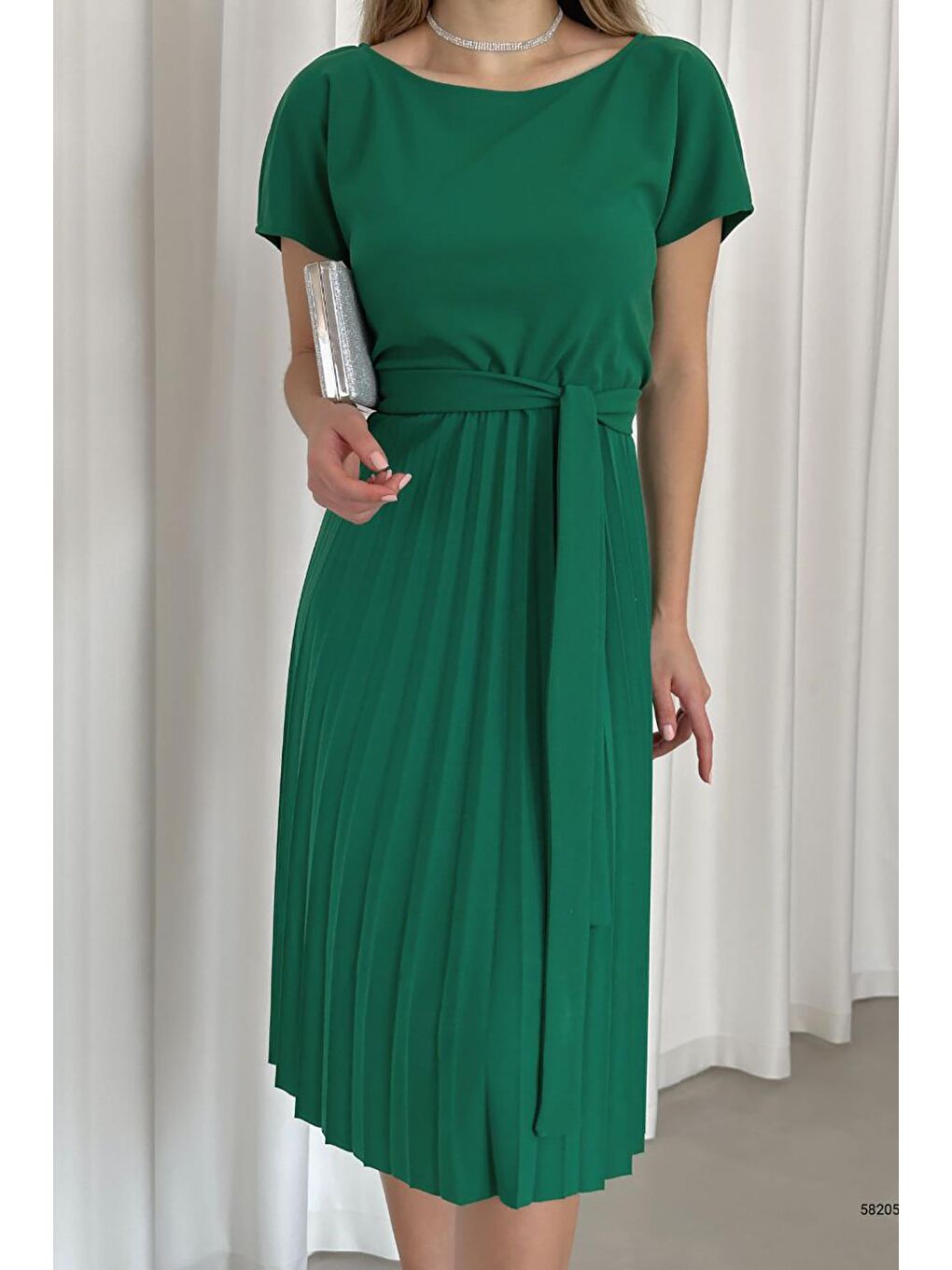 Yeşil Krep Kumaş Pliseli Elbise-3