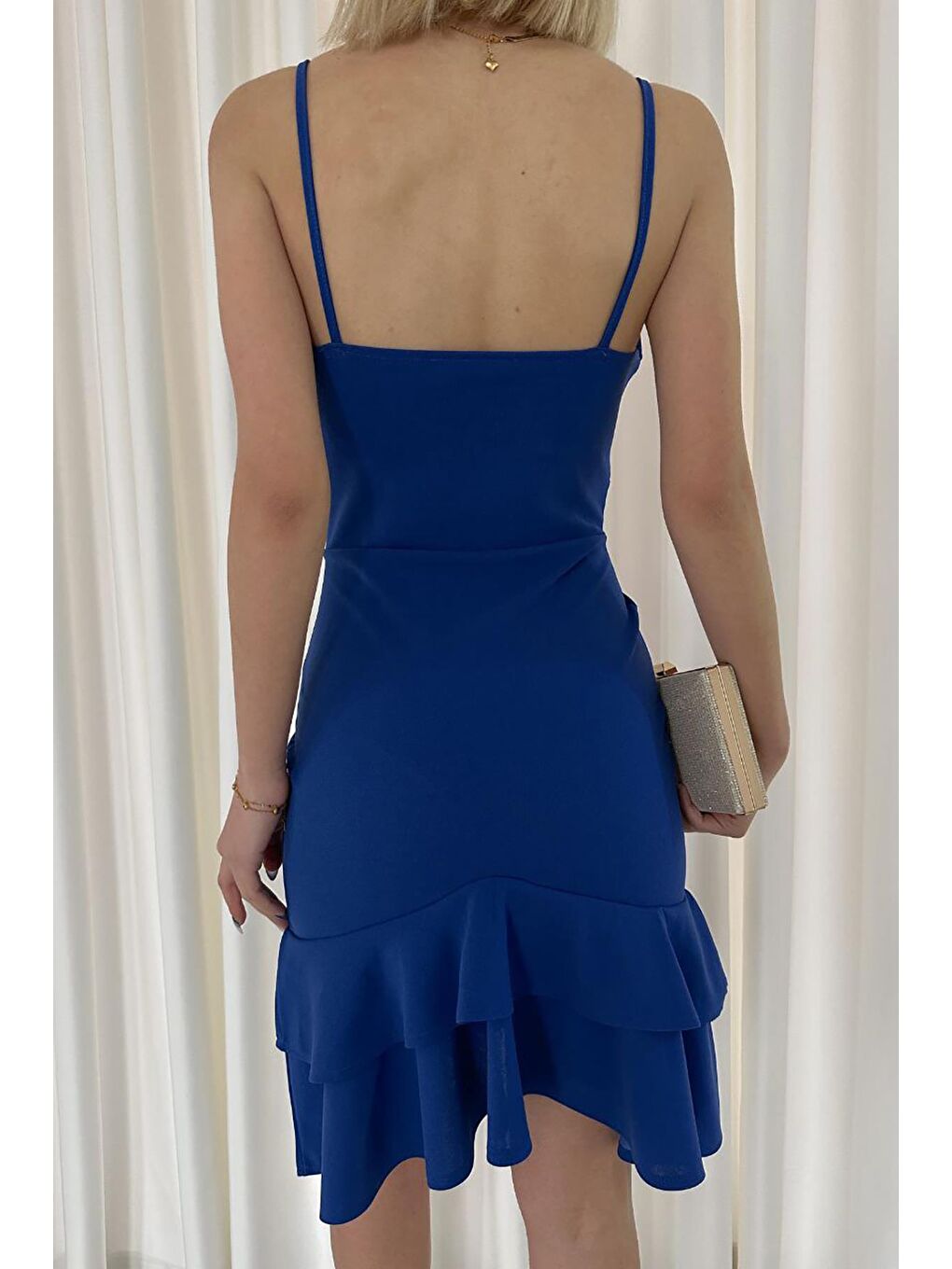 Saks Mavisi Göbek Üçgen Detaylı Volanlı Elbise-3