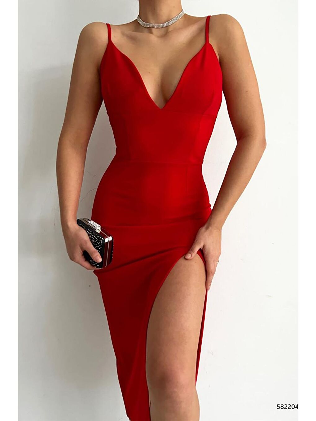 Kırmızı İnce Askılı Kalp Yaka Yırtmaç Detay Kalem Elbise-2