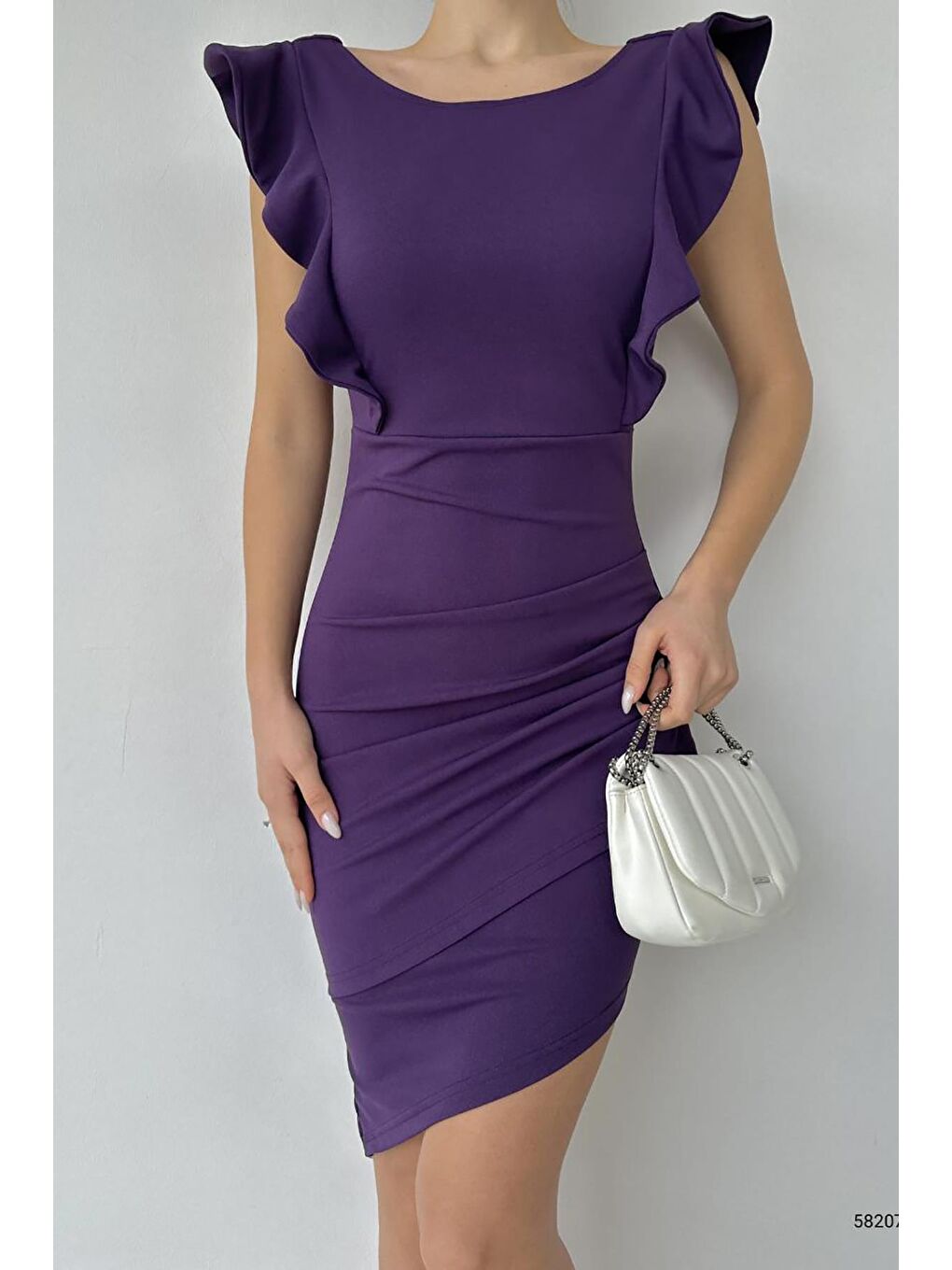 Mor Fırfırlı Kolsuz Sırt Dekolteli Elbise-1