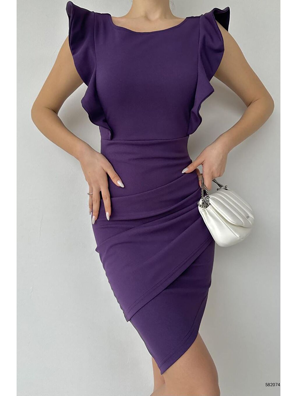 Mor Fırfırlı Kolsuz Sırt Dekolteli Elbise-2