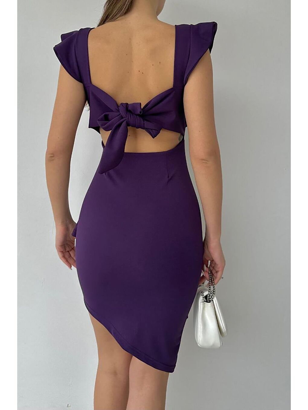 Mor Fırfırlı Kolsuz Sırt Dekolteli Elbise-4