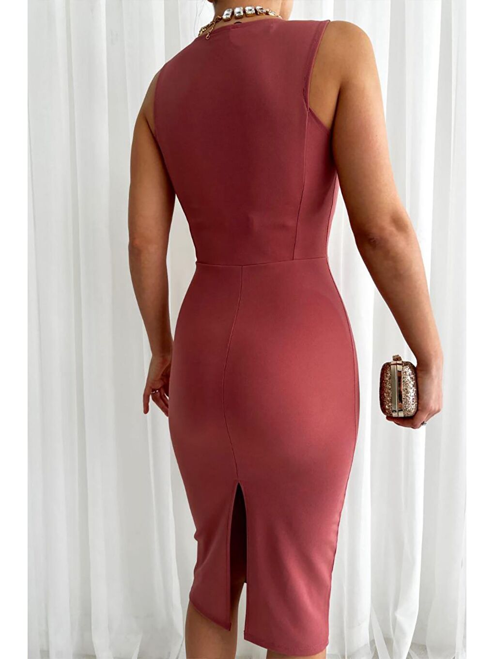 Pembe Pudra Krep Kumaş Midi Kalem Elbise-2