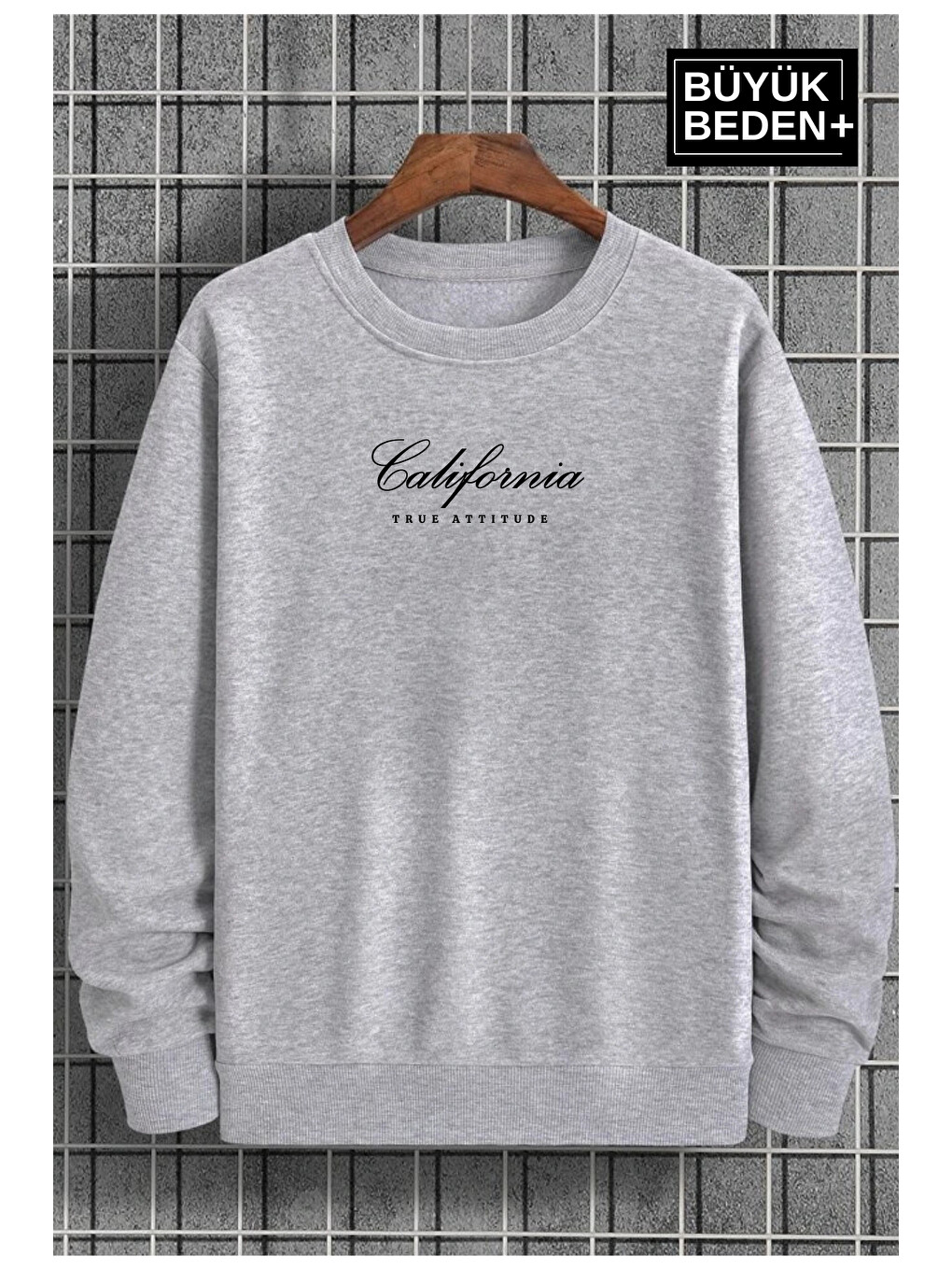 Gri Erkek El Yazılı California Baskılı İnce Bisiklet Yaka Büyük Beden Sweatshirt Spr25bsw63-1