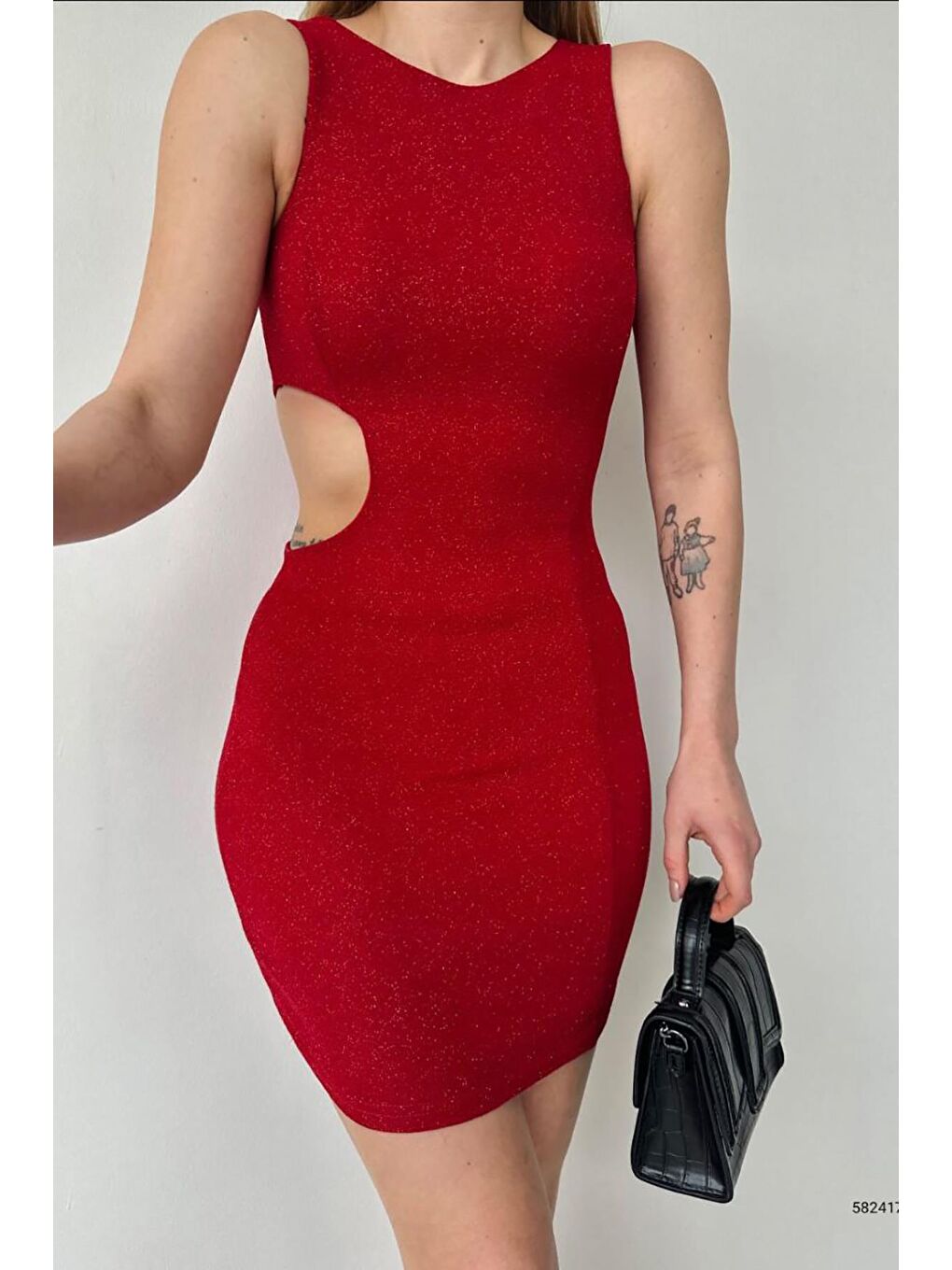 Kırmızı Bodycone Cut-Out Mini Boy Simli Fukuro Kumaş Elbise-1