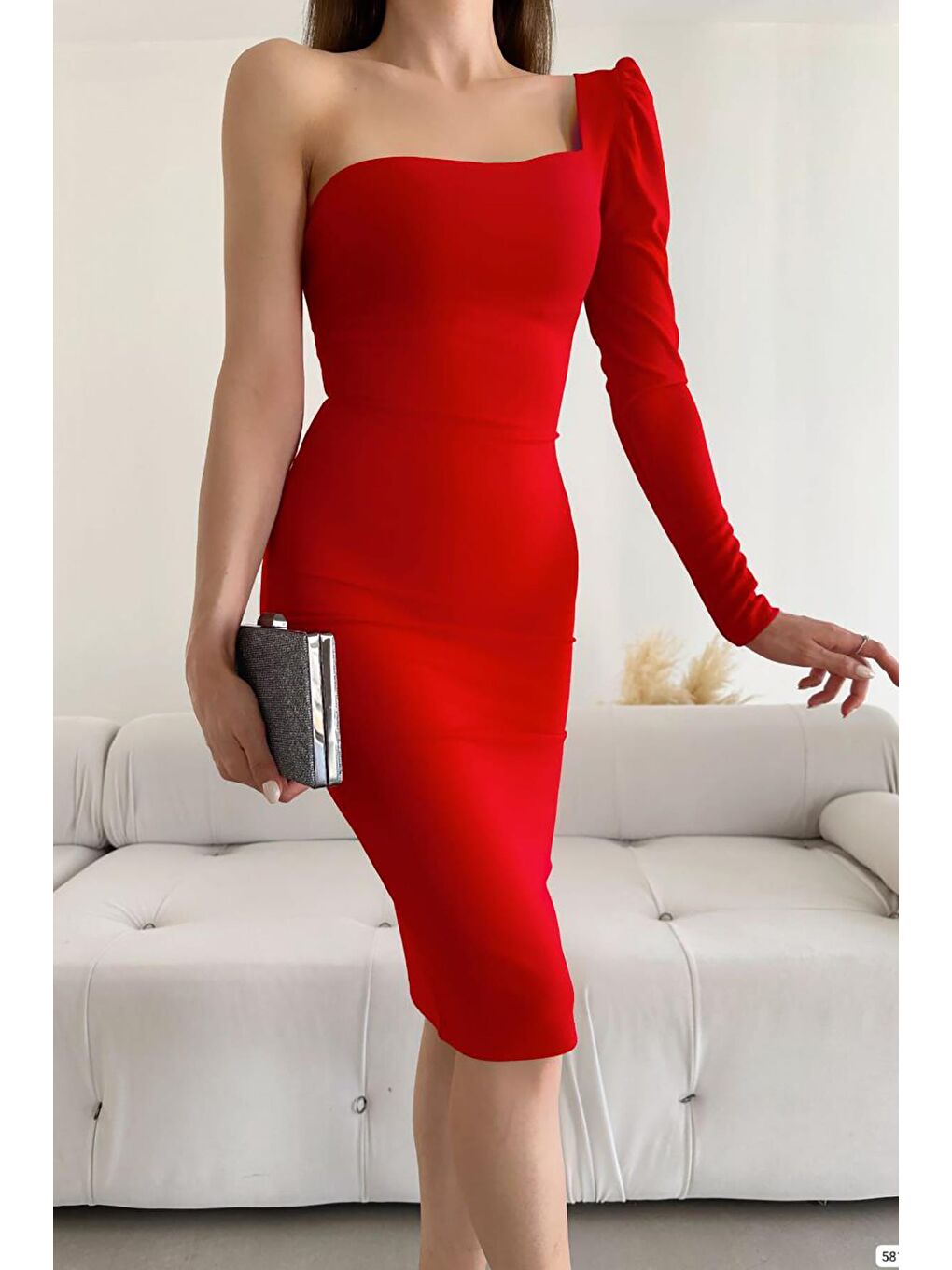 Kırmızı Tek Kol Midi Boy Krep Kumaş Elbise-1