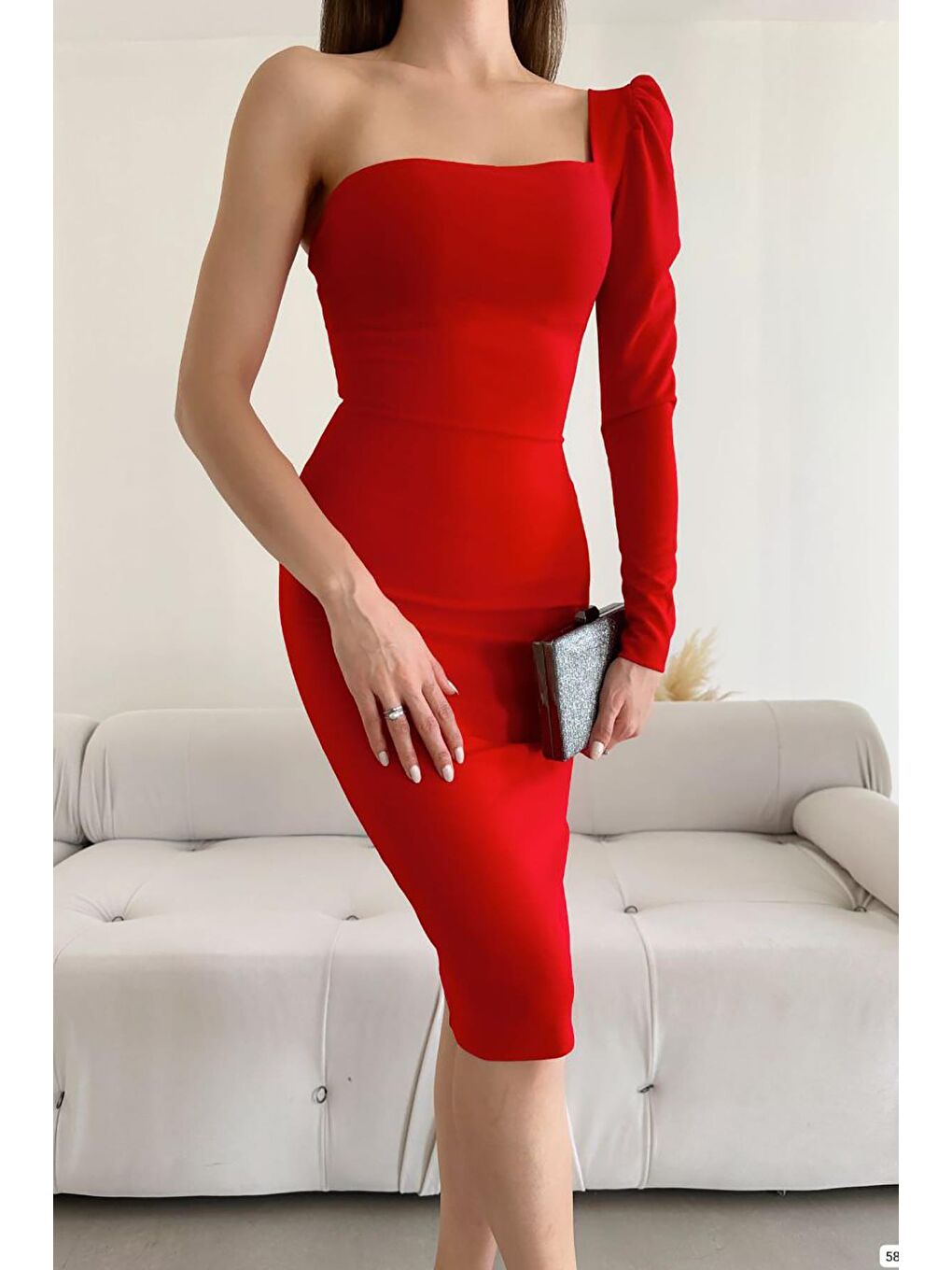 Kırmızı Tek Kol Midi Boy Krep Kumaş Elbise-2