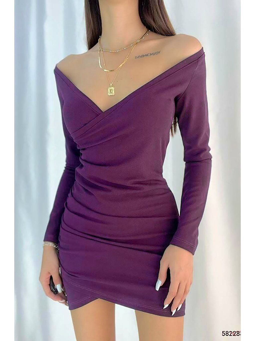 Mor Kruvaze Yaka Uzun Kollu İthal Krep Kumaş Elbise