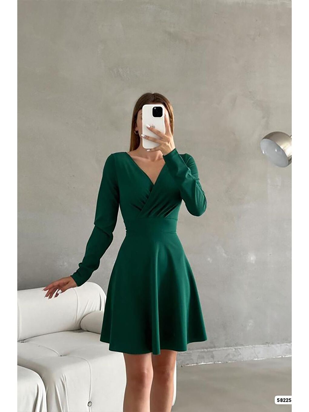 Yeşil Kruvaze Yaka Krep Kumaş Uzun Kol Kloş Elbise-1