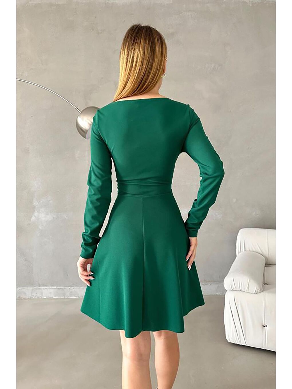 Yeşil Kruvaze Yaka Krep Kumaş Uzun Kol Kloş Elbise-2