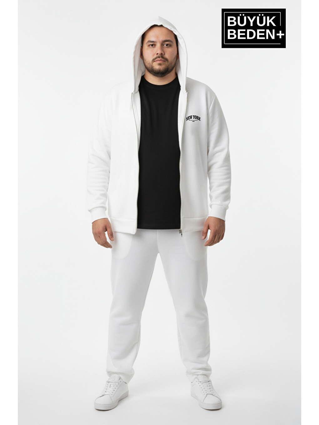 Ekru Erkek Büyük Beden Fermuarlı Kapüşonlu New York Baskılı İnce Sweatshirt Hırka Spr26bhr923