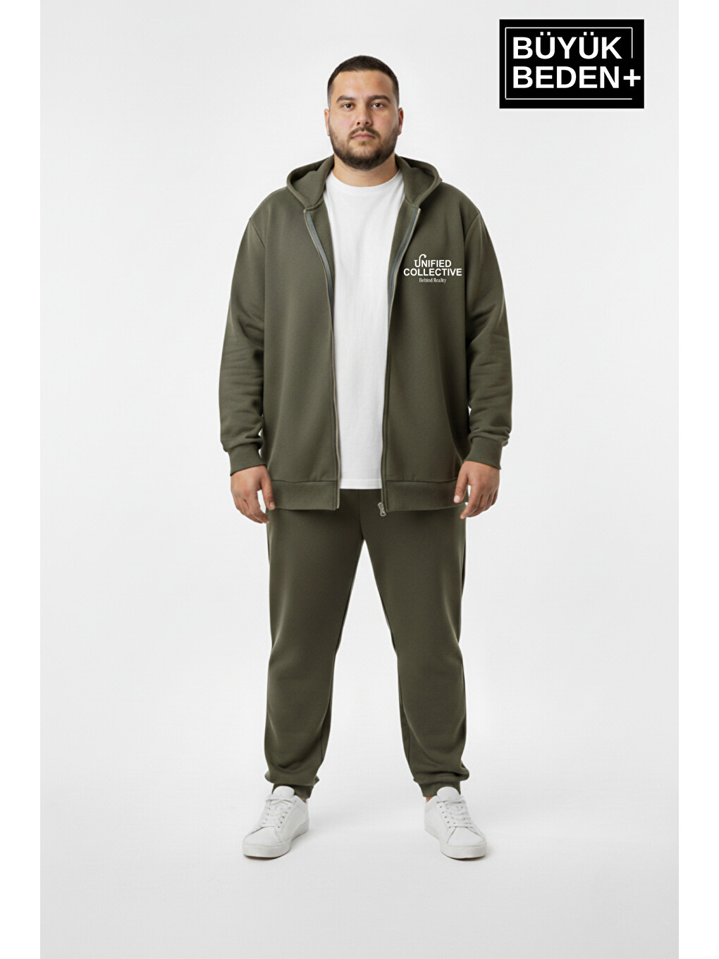 Haki Erkek Büyük Beden Fermuarlı Kapüşonlu Unified Baskılı İnce Sweatshirt Hırka Spr26bhr924
