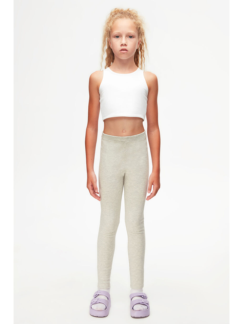 Açık Gri Melanj Kız Çocuk Kışlık Tam Boy Düz Basıc Tayt