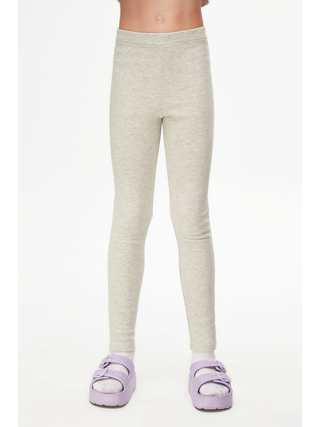 Açık Gri Melanj Kız Çocuk Kışlık Tam Boy Düz Basıc Tayt-1