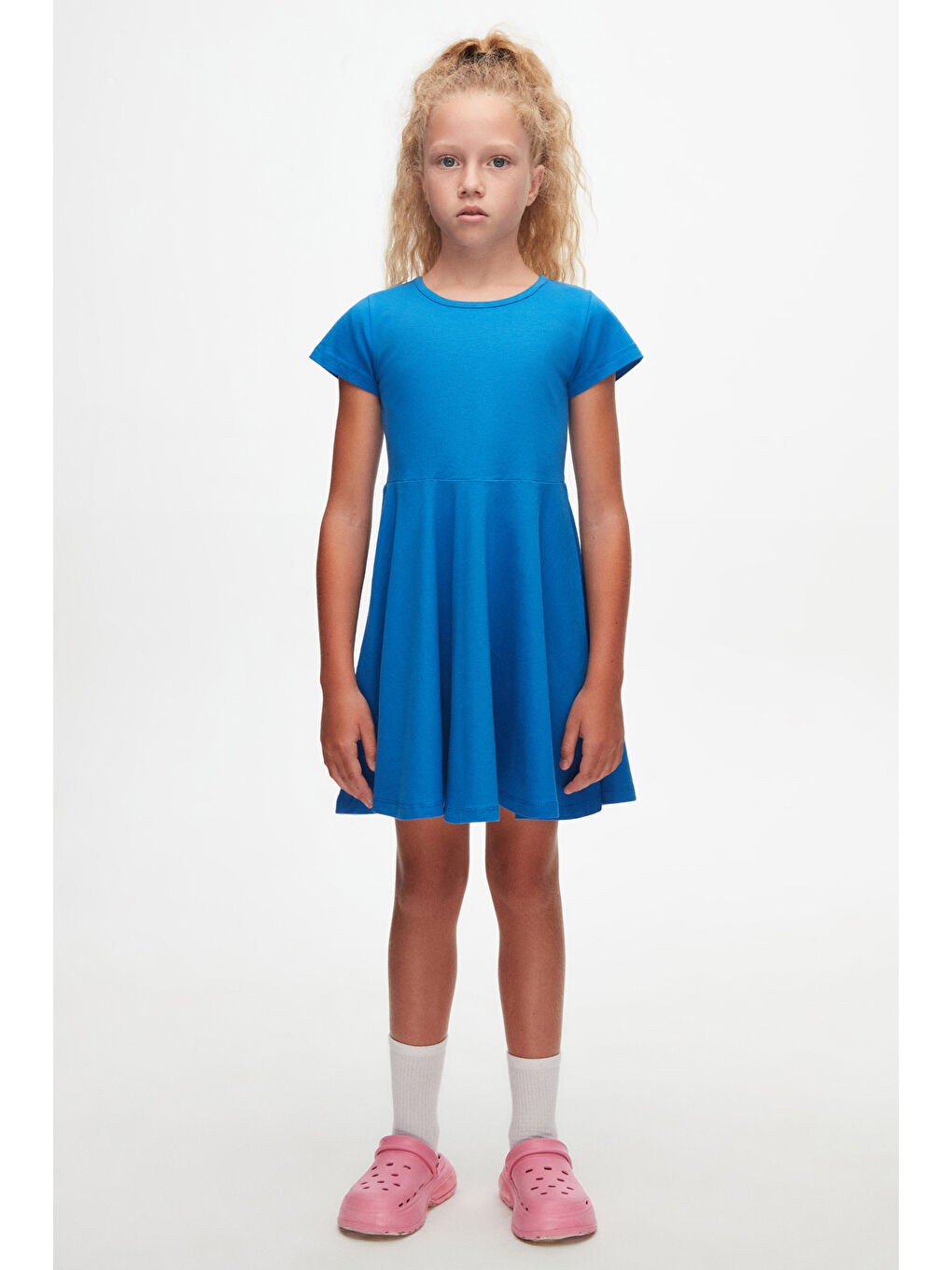 Mavi Saks Kız Çocuk Düz Basic Kısa Kol Elbise