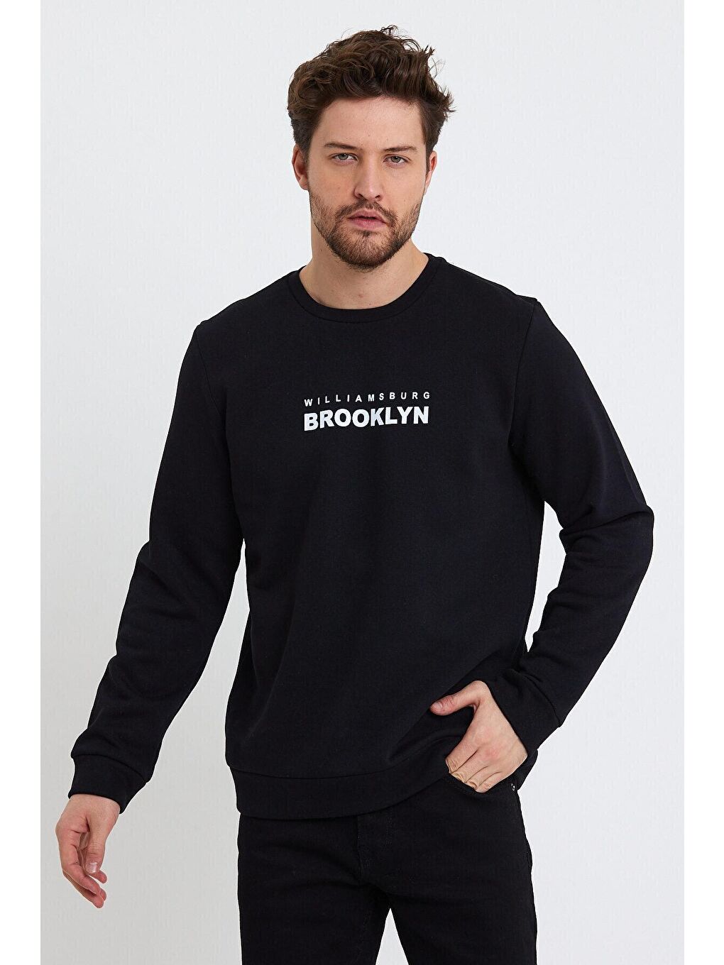 Süperlife Siyah Erkek Bisiklet Yaka Regular Fit Brooklyn Baskılı İnce Sweatshirt SPR23SW330 - 1