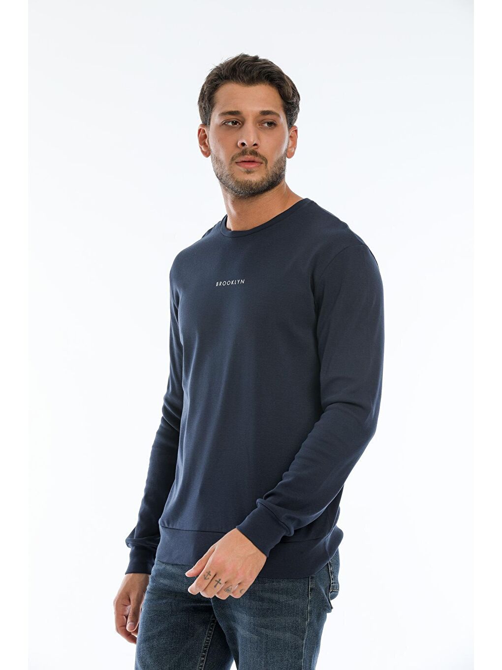 Lacivert Erkek Bisiklet Yaka Regular Fit Brooklyn Baskılı İnce Sweatshirt SPR22SW132-1