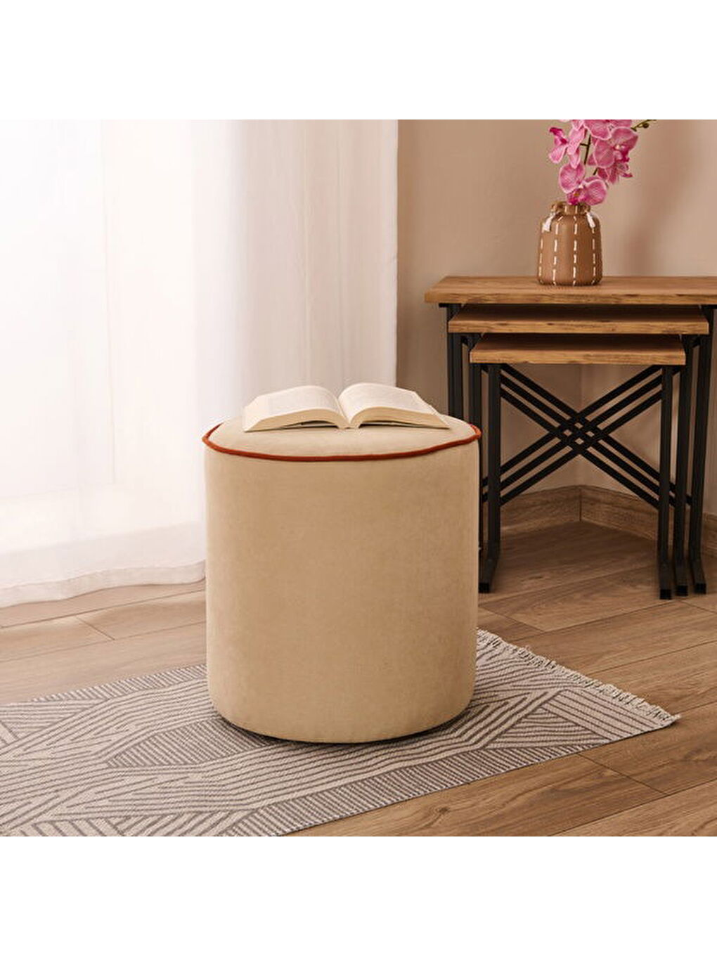 Bej Colorful Life Puf - Krem / Turuncu - 41x39x39 cm