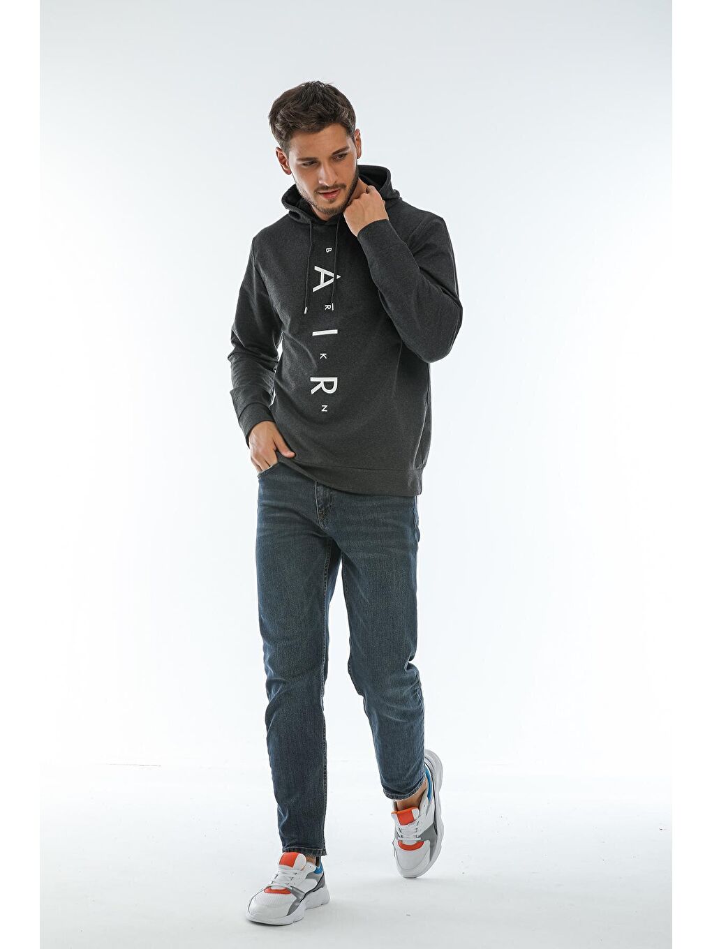 Süperlife Antrasit Erkek Kapşonlu Regular Fit Air Baskılı İnce Sweatshirt SPR22SW162