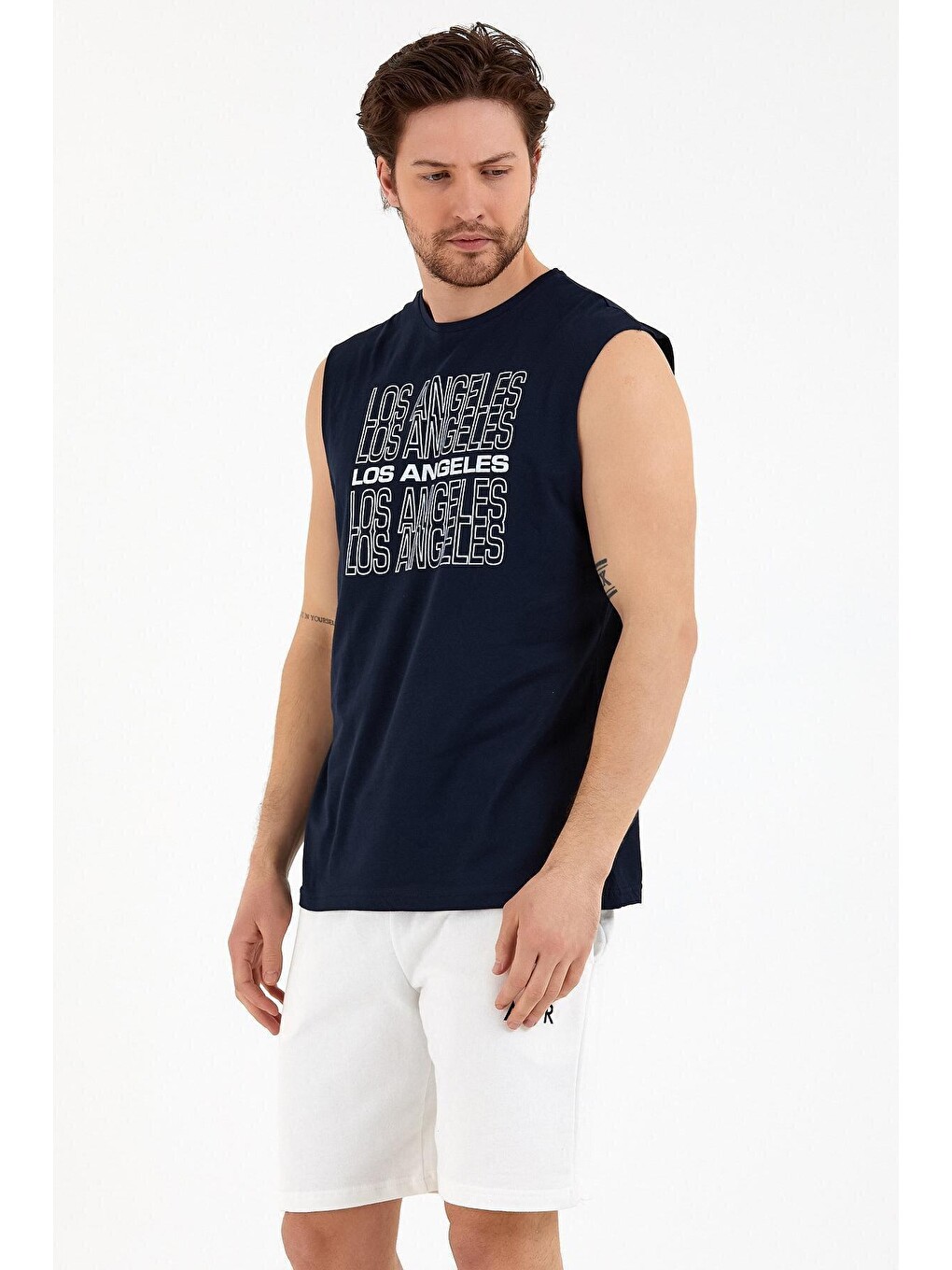 Lacivert Erkek Bisiklet Yaka Regular Fit Los Angeles Baskılı Kolsuz Tişört Spr22ts123-3