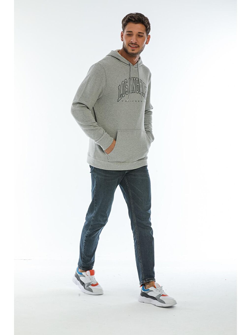 Süperlife Açık Gri Erkek Kapşonlu Regular Fit Baskılı İnce Sweatshirt SPR22SW163