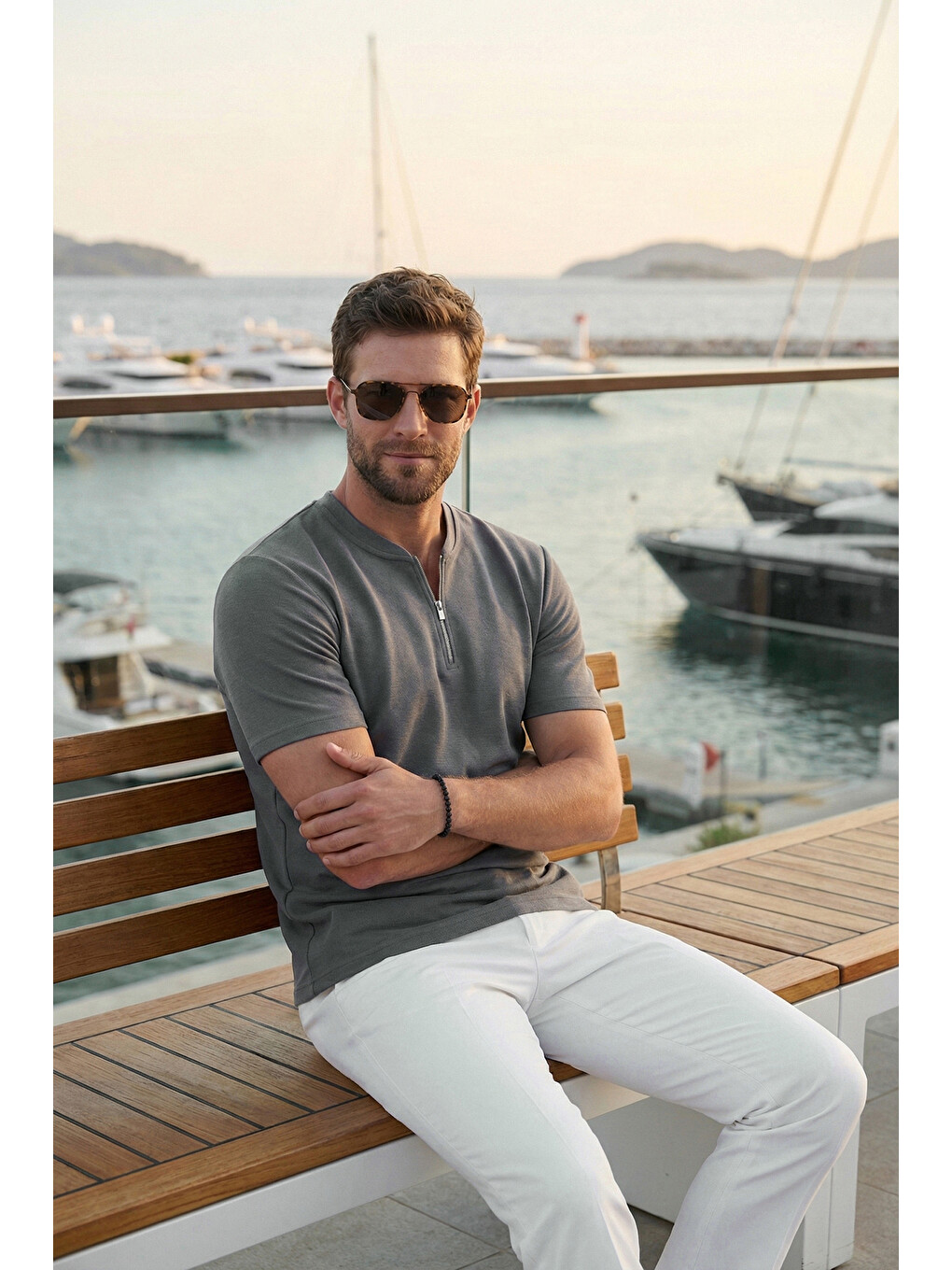 Haki Pamuklu Regular Fit Yarım Fermuarlı Erkek Tişört 5902653