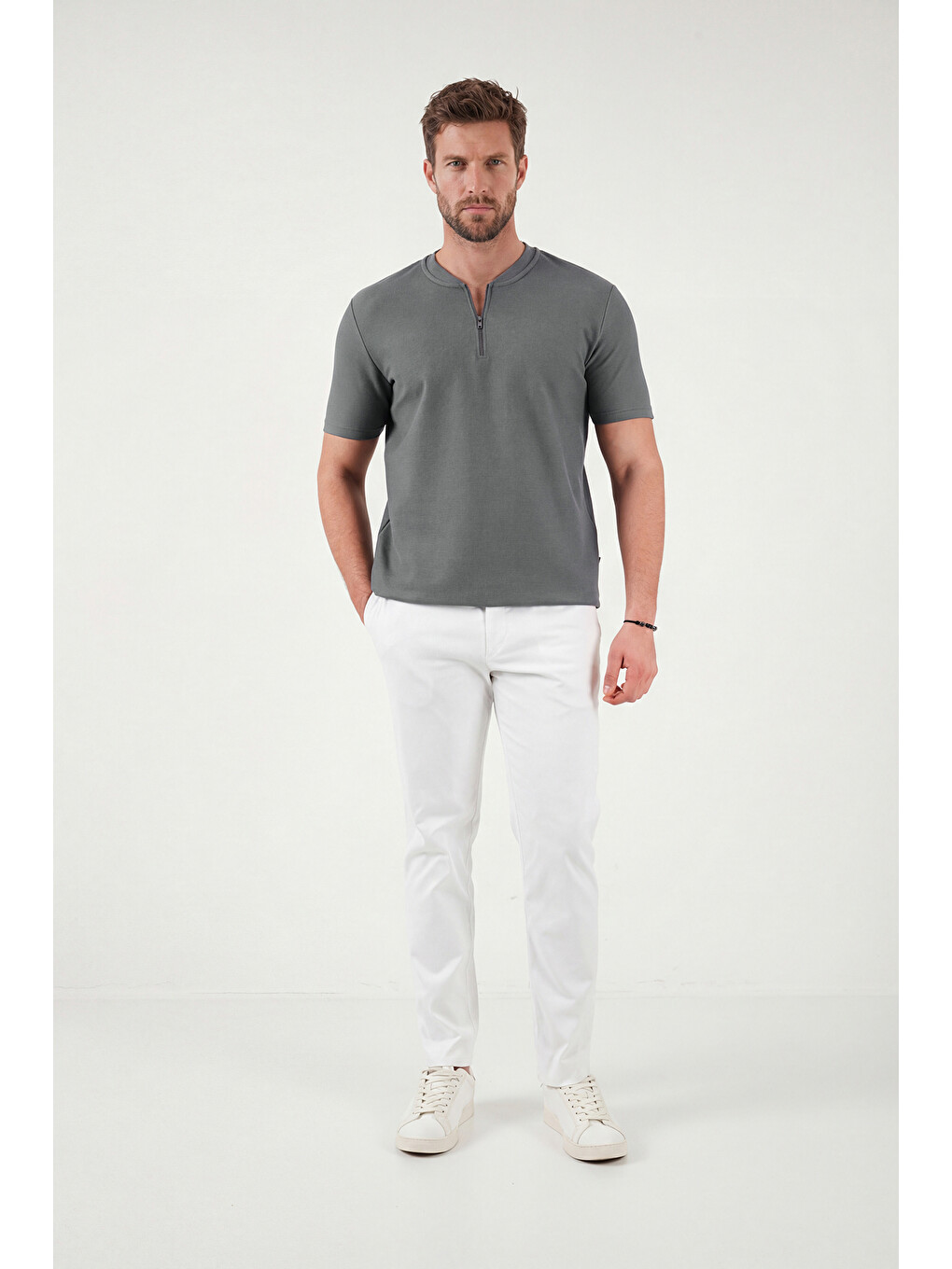 Haki Pamuklu Regular Fit Yarım Fermuarlı Erkek Tişört 5902653-1