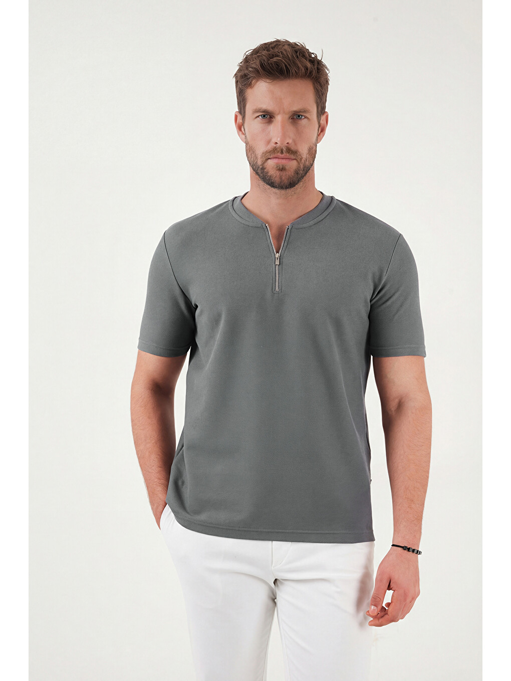 Haki Pamuklu Regular Fit Yarım Fermuarlı Erkek Tişört 5902653-3